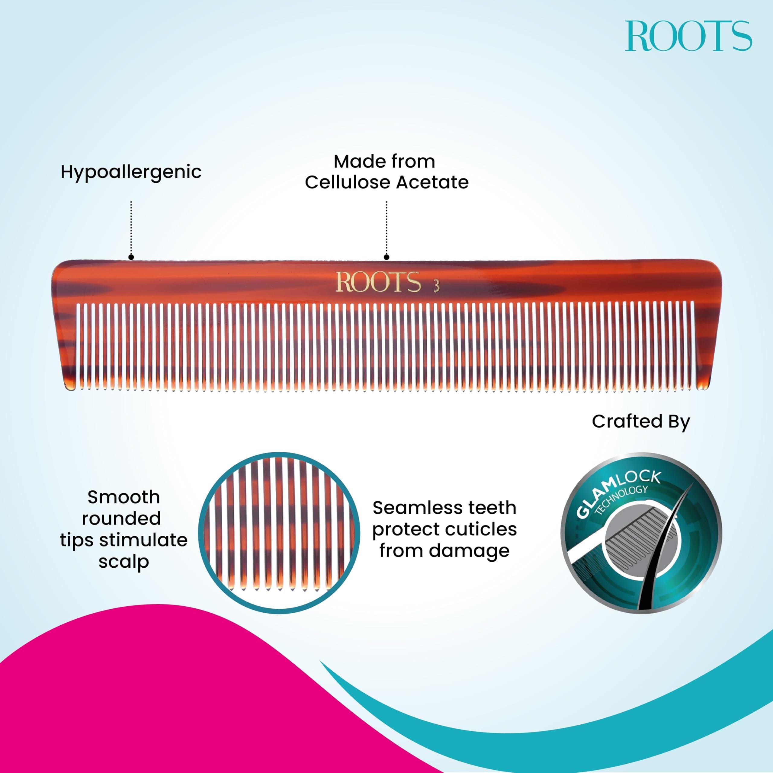 ROOTS Classic Comb | Fine Teeth For Styling & Straightening | Smooth & Round Teeth prevent Hair damage | For Women with Straight, Long, Wavy Hair | Wet & Dry use | Length - 7.4 inch | Model No - 3