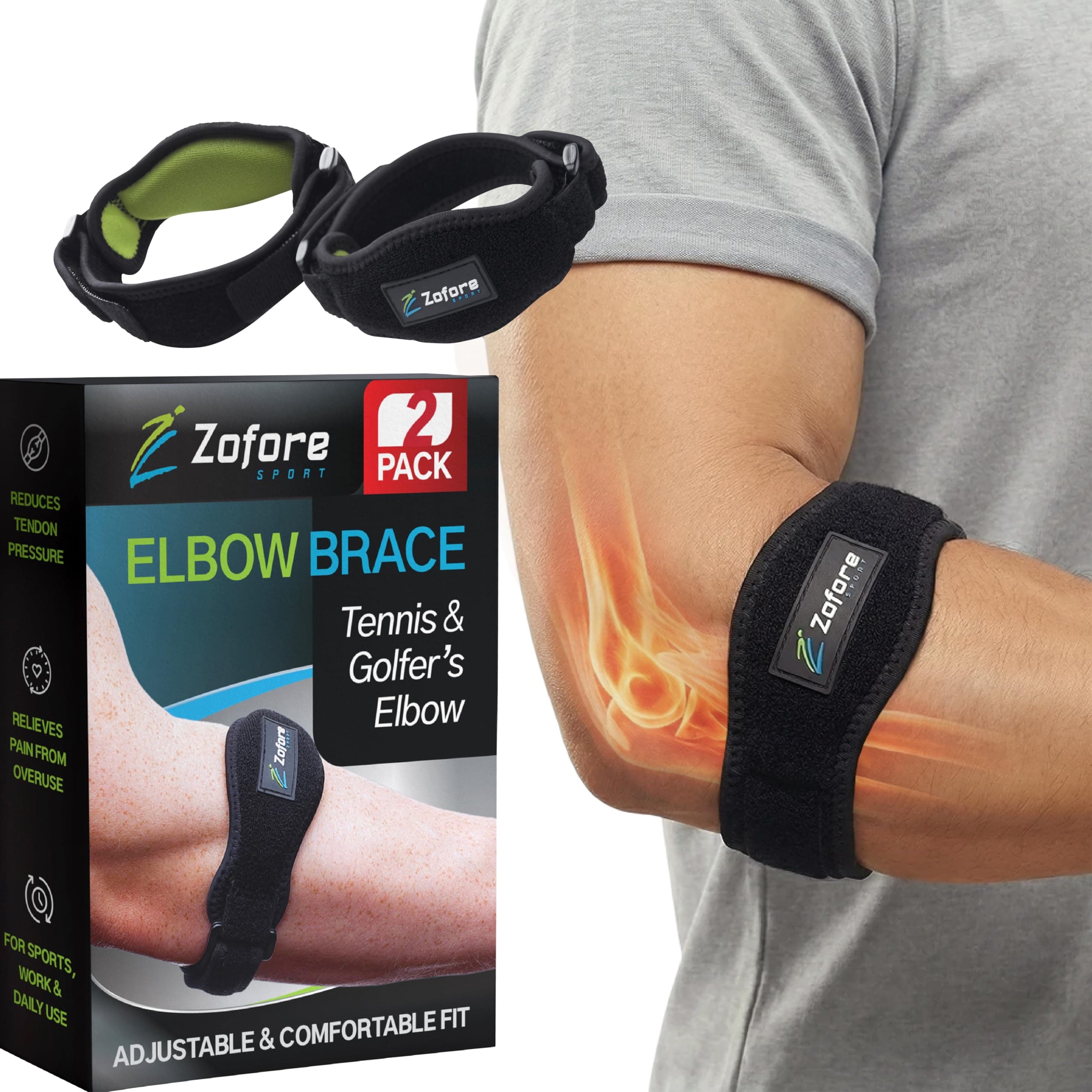 Tennis Elbow Brace Support With Compression Pad (2-Count) - Effective Pain Relief for Tennis & Golfers Elbow for Men & Women