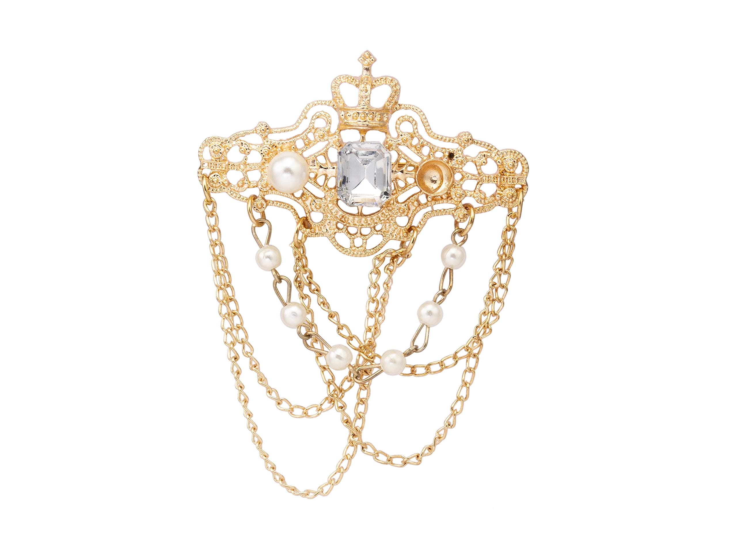 Knighthood Gold Crowned White Stone with Engraving Pearl and Hanging Chain Metal Lapel Pin Brooch for Men