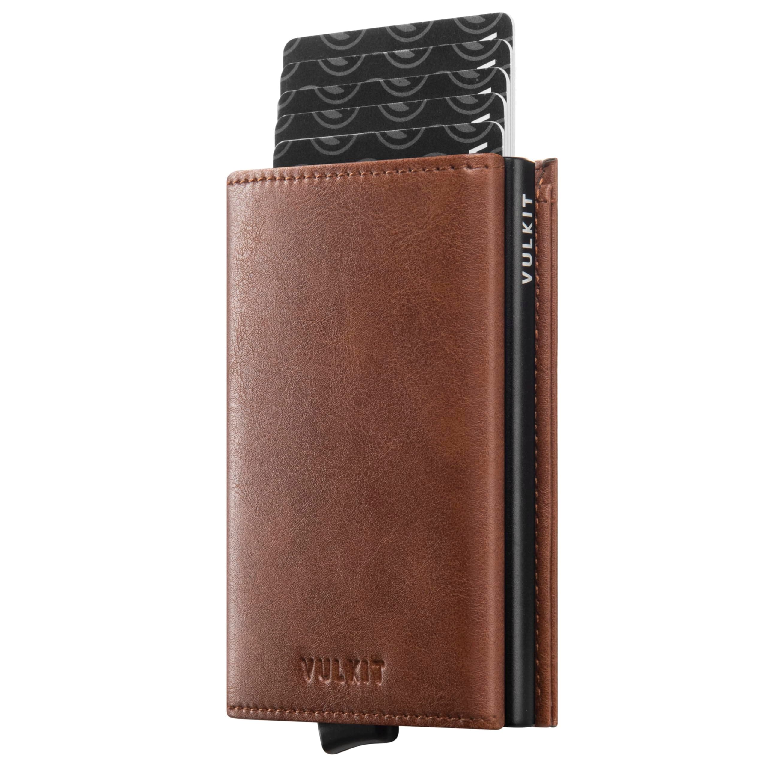 VULKIT Credit Card Holder, RFID Blocking Genuine Leather Pop up Wallet with Banknote Compartment, ID Window & Coin Pocket