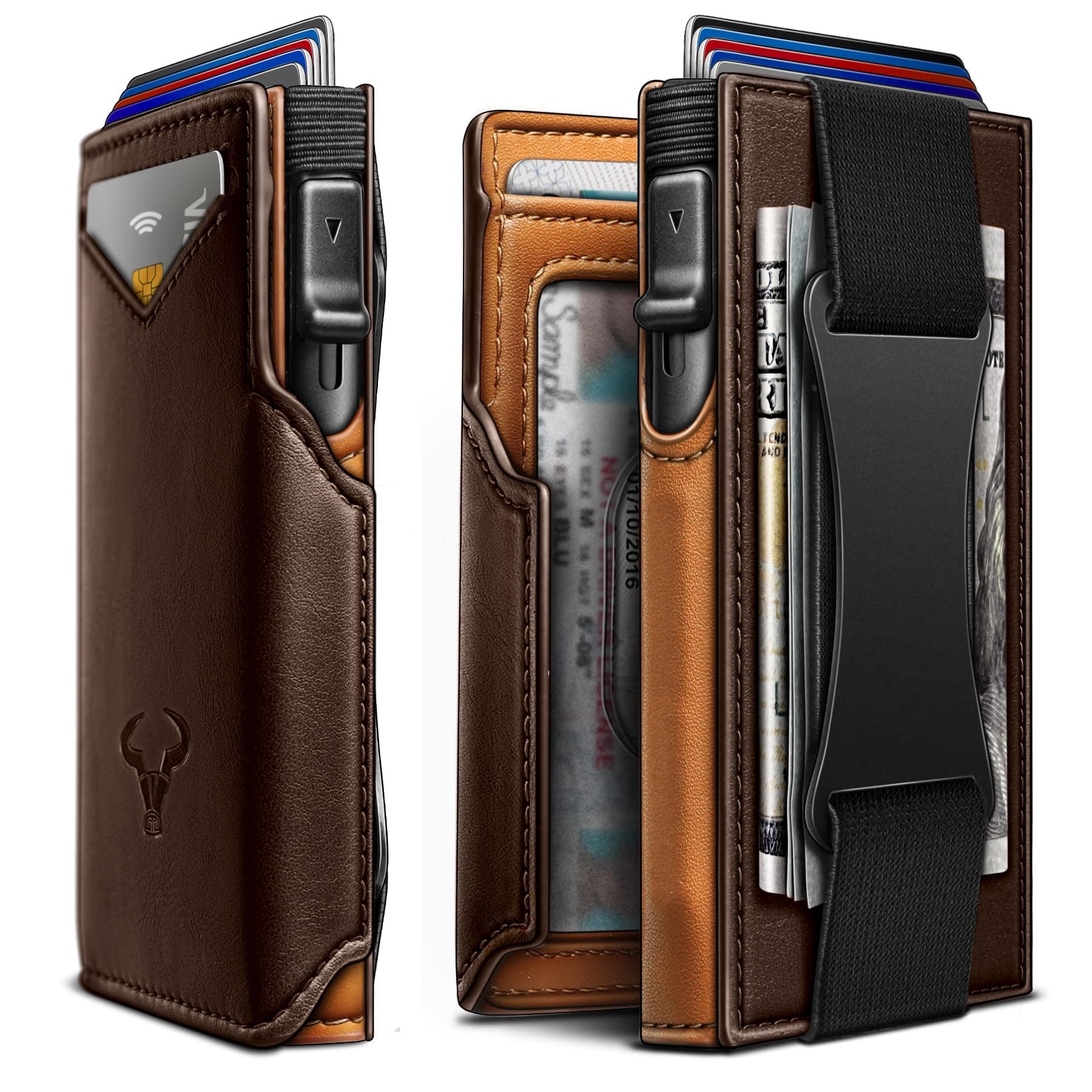 Men Wallet,BULLIANT Slim Front Pocket Wallet Money Clip RFID Blocking-Metal Pop-up Case with Leather Shell, Burnt Umber 2719, one size, Front Pocket