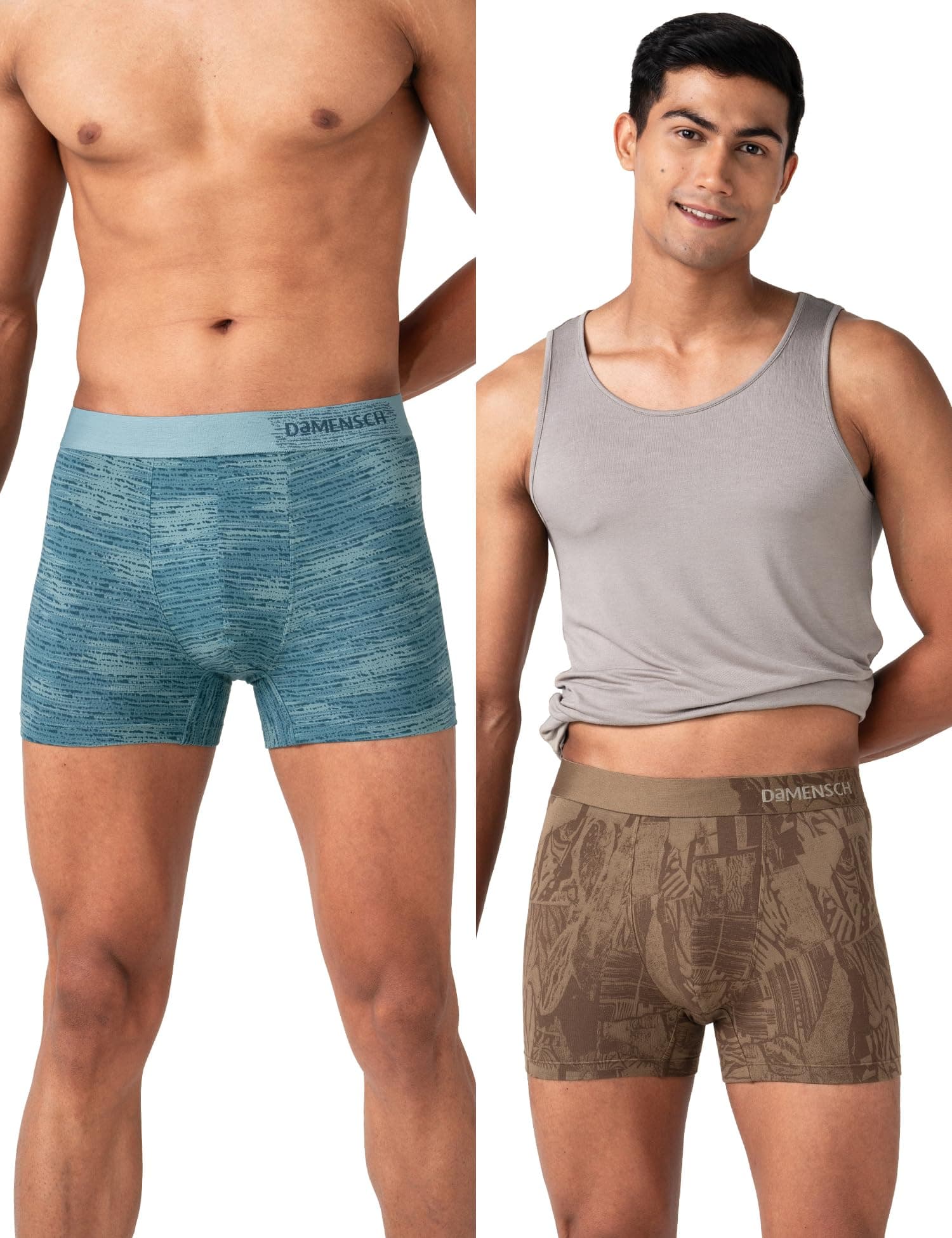DAMENSCH Pack of 2 Regular Fit Printed Cotton Blend Anti-Bacterial Moisture Wicking Breathable Microfiber Waistband Stretchable Deo Cotton Trunk for Men