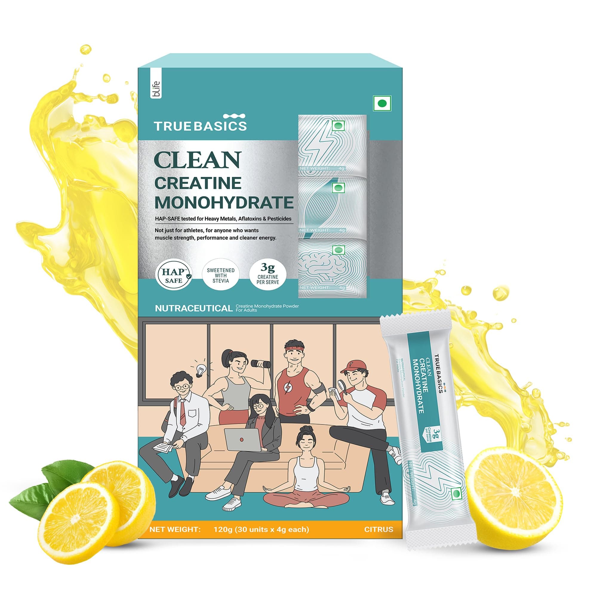 TrueBasics Clean Creatine Monohydrate Powder, Citrus Flavor, 30 Sachets