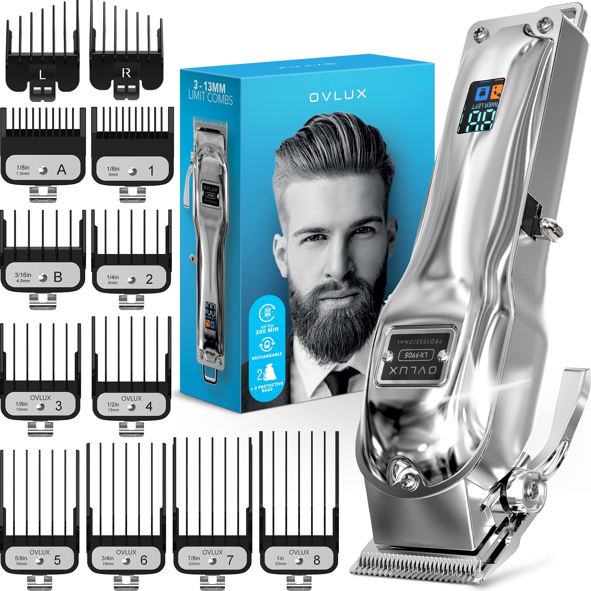 OVLUX Hair Clippers For Men - Professional Cordless Rechargeable Clippers For Hair Cutting, Full Metal Beard Trimmer, Barbers Trimmer, Birthday Gifts For Men, Gifts For Him Dad, Silver