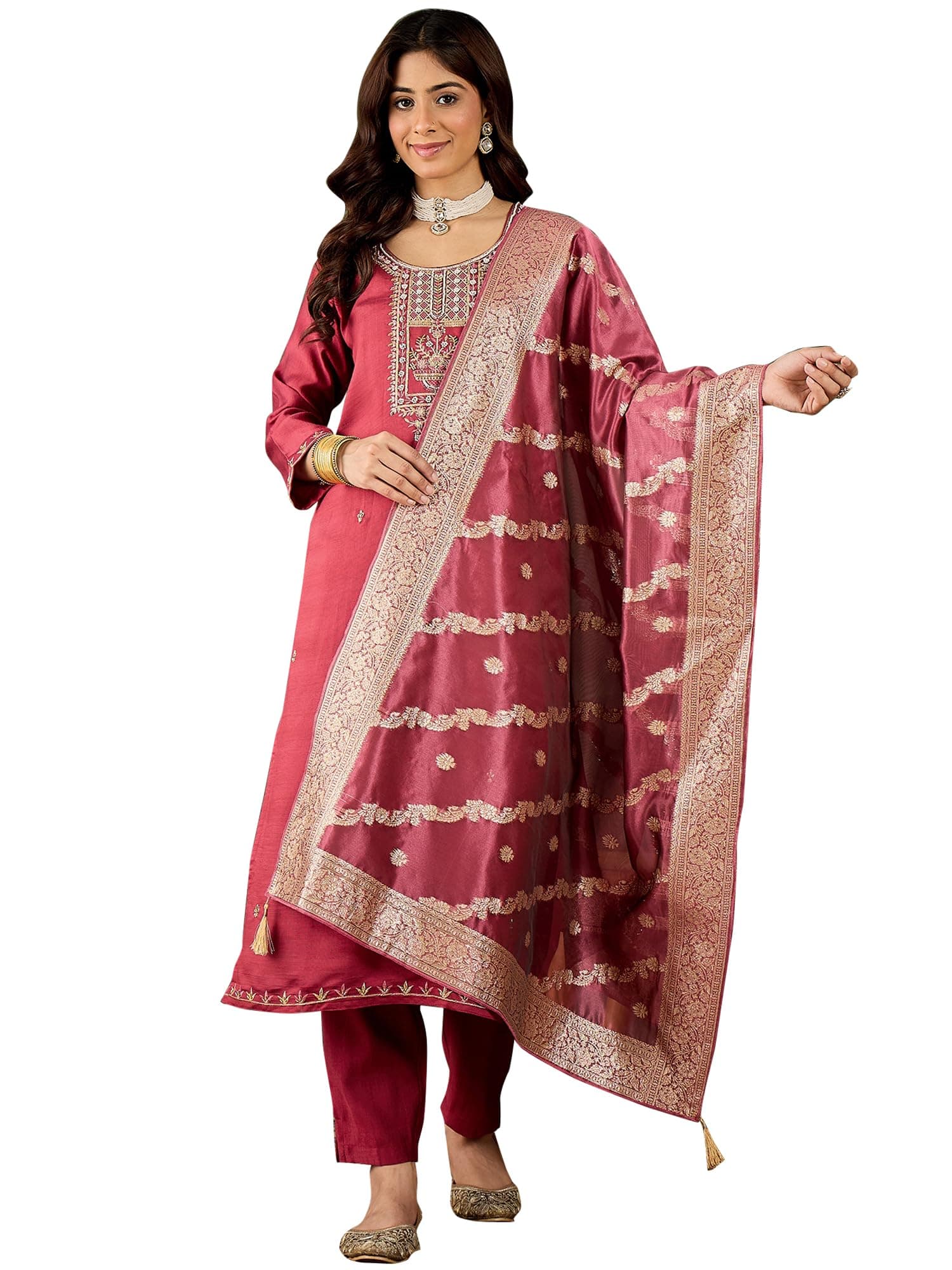 VredeVogel Women's Ethnic Wear Embroidered Viscose Rayon Kurta Pant Set with Organza Dupatta | Festive & Casual Summer Kurti with Pants for Party Office & Ethnic Occasions