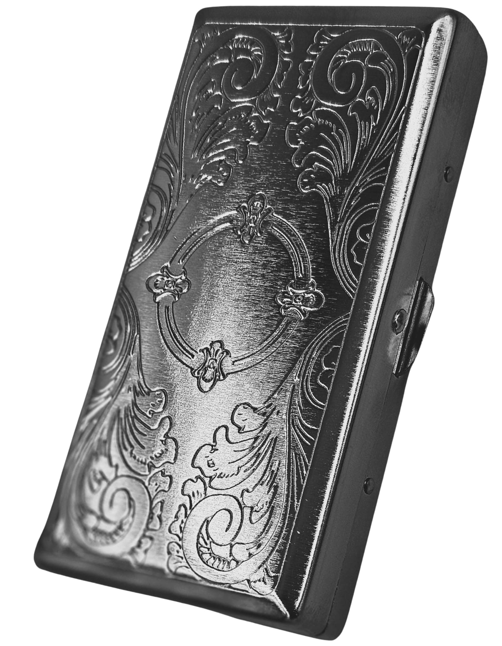 Kasebi Retro Cigarette Case Victorian Style Metal Holder for Regular, King,100's, 120's Size Credit Card Holder, Small with Etched Pattern (Small 120's, Etched Silver)