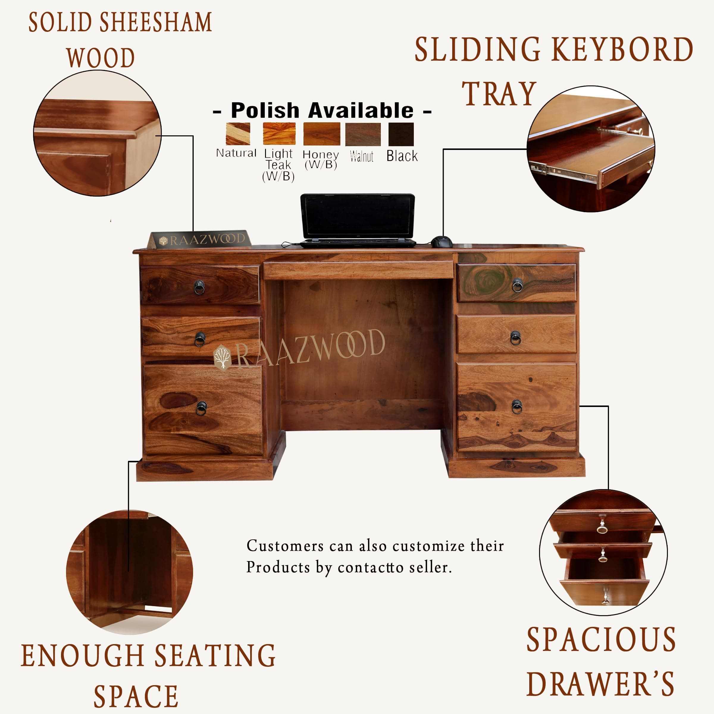 RAAZWOOD Sheesham Wood Wooden Study Writing Desk Table for Office | Laptop Computer Table for Home and Office Sheesham Solid Wood,Natural Honey Finish