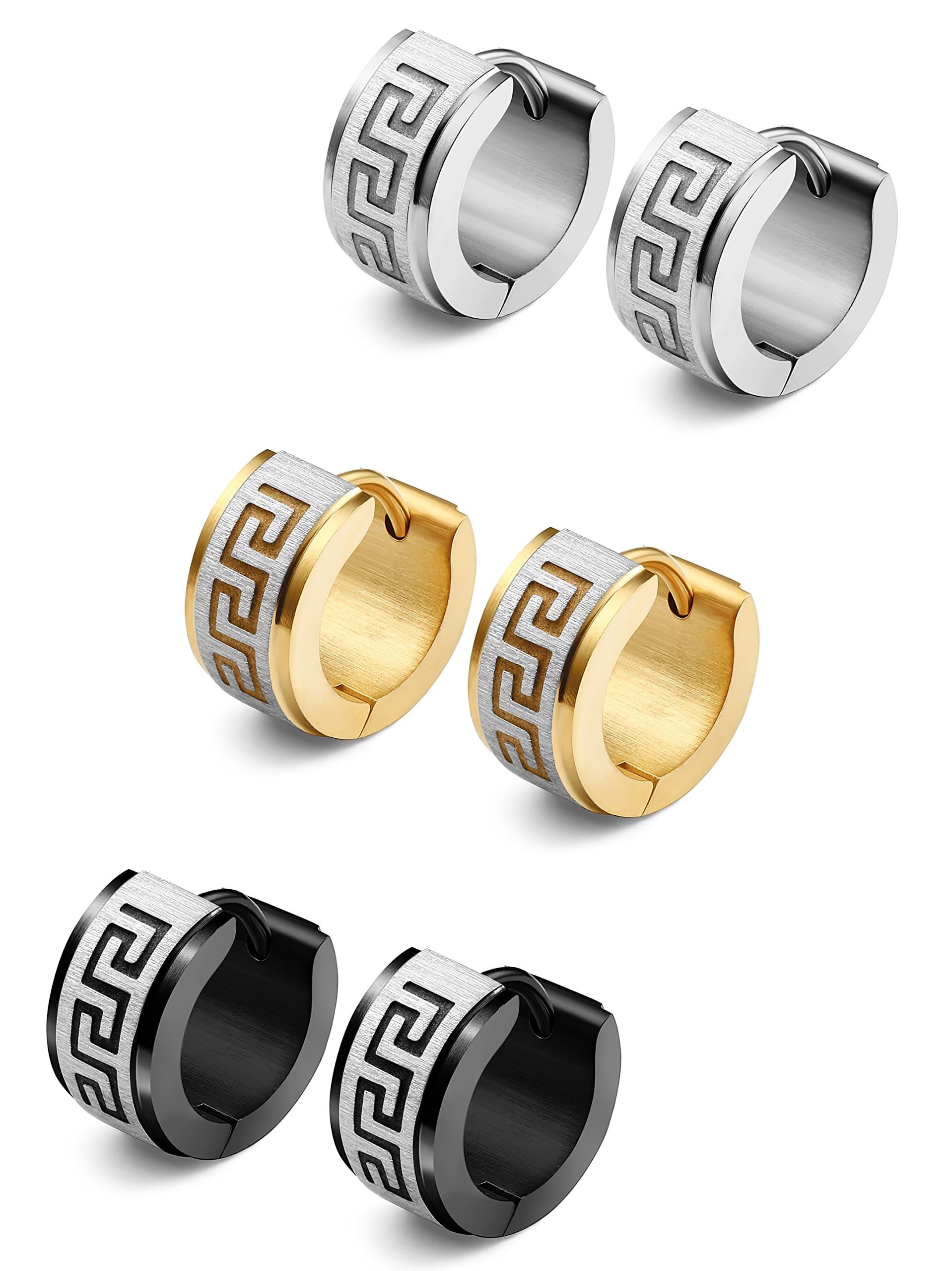 Jstyle 3 Pairs Men's Hoop Earring Stainless Steel Hoop Earrings for Men Women Huggie Earrings Unique Greek Key Fashion Huggie Earrings Piercing Jewelry, Stainless Steel, No Gemstone