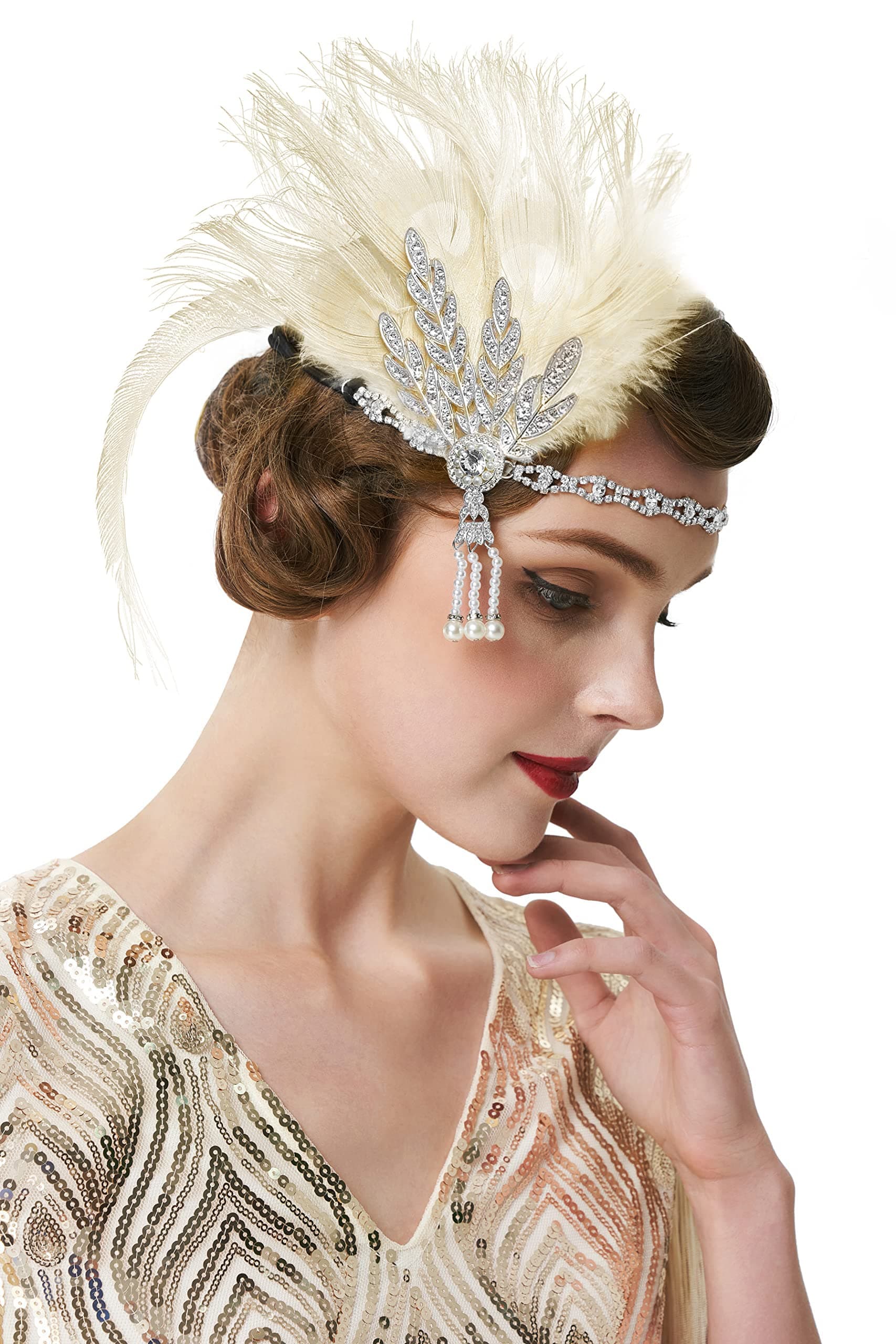 BABEYOND 1920s Flapper Peacock Feather Headband Roaring 20s Pearl Showgirl Headpiece 1920s Great Gatsby Costume Hair Accessories