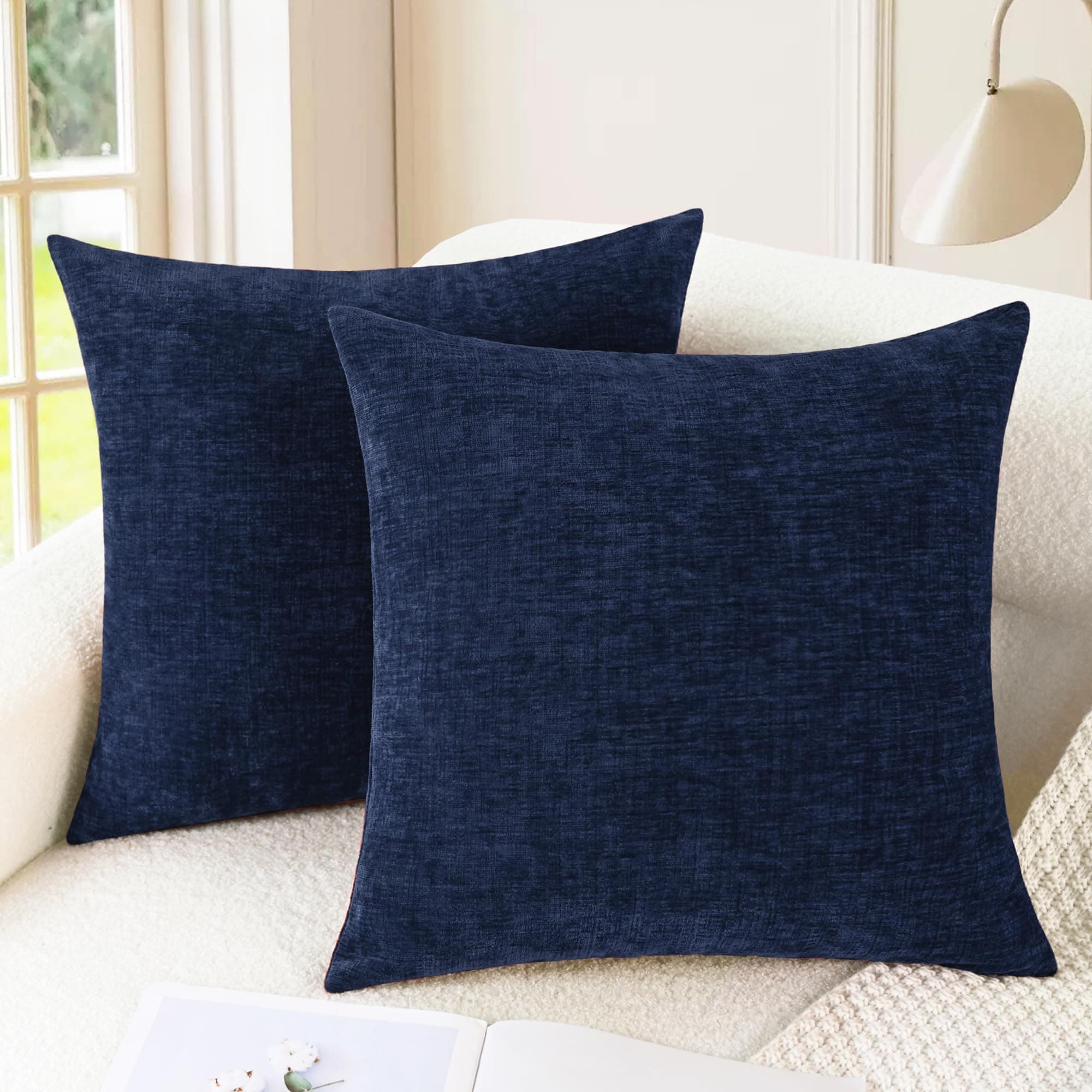 CaliTime Pack of 2 Cozy Throw Pillow Covers Cases for Couch Sofa Home Decoration Solid Dyed Soft Chenille 20 X 20 Inches Navy Blue