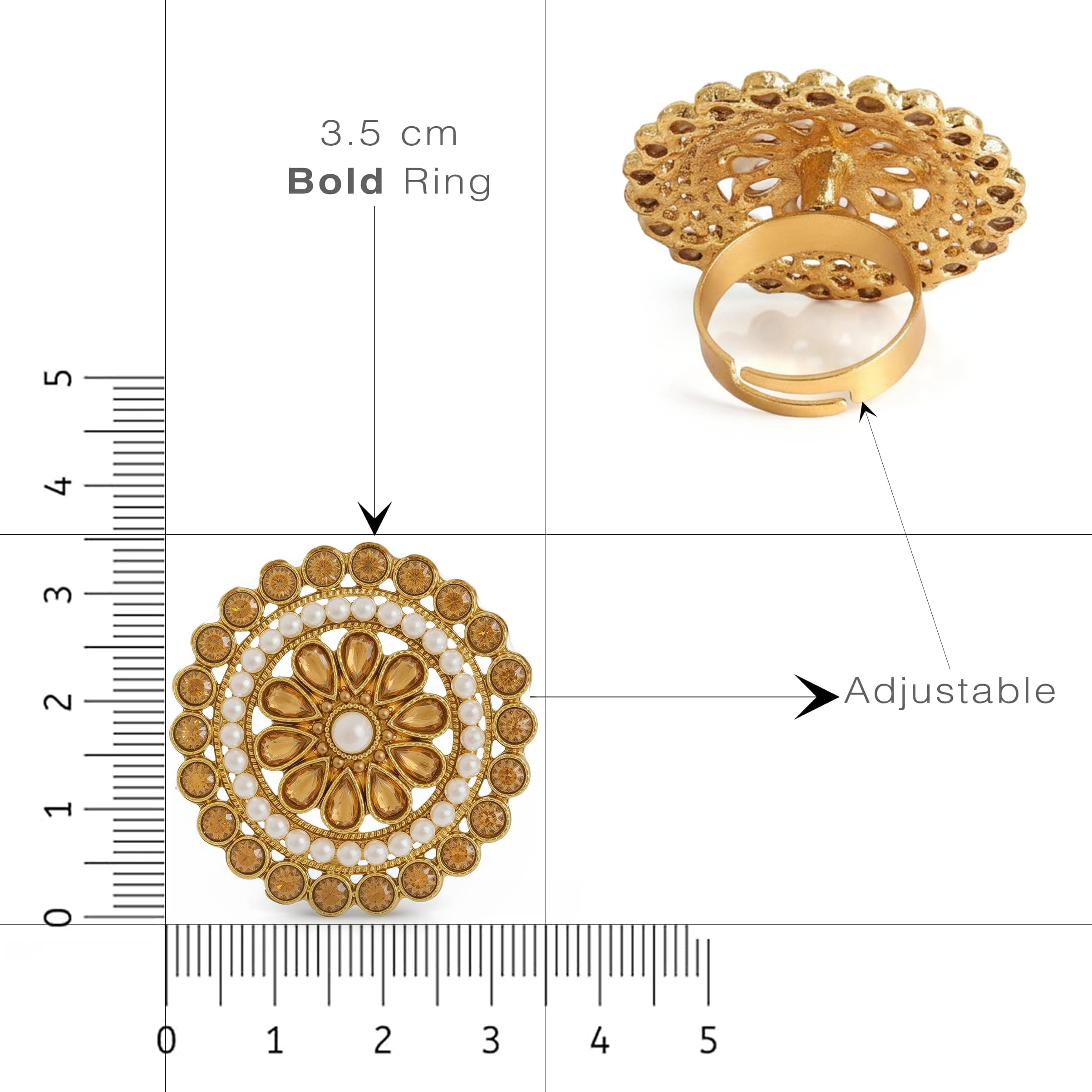 A.R. FASHION Adjustable Rings For Women Stylish | Traditional Floral Kundan Pearl & Beads | Ethnic Statement Jadau Petal Gold Plated Finger Ring For Girls | Party Fashion Jewellery | Gift For Women – 1 Pc