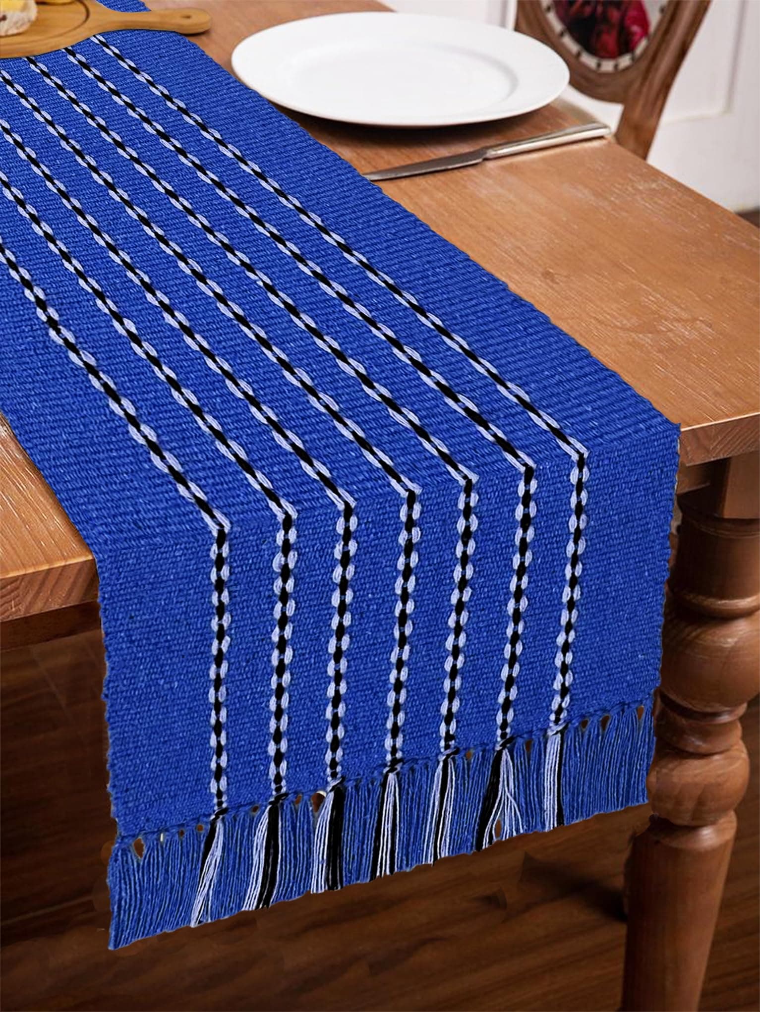 STONEMUNK Heat Resistant 100% Cotton Fabric Knotted Striped Pattern 4-6 Seater Table Runner for Guestroom, Restaurant, Partys Ended with Fringe -