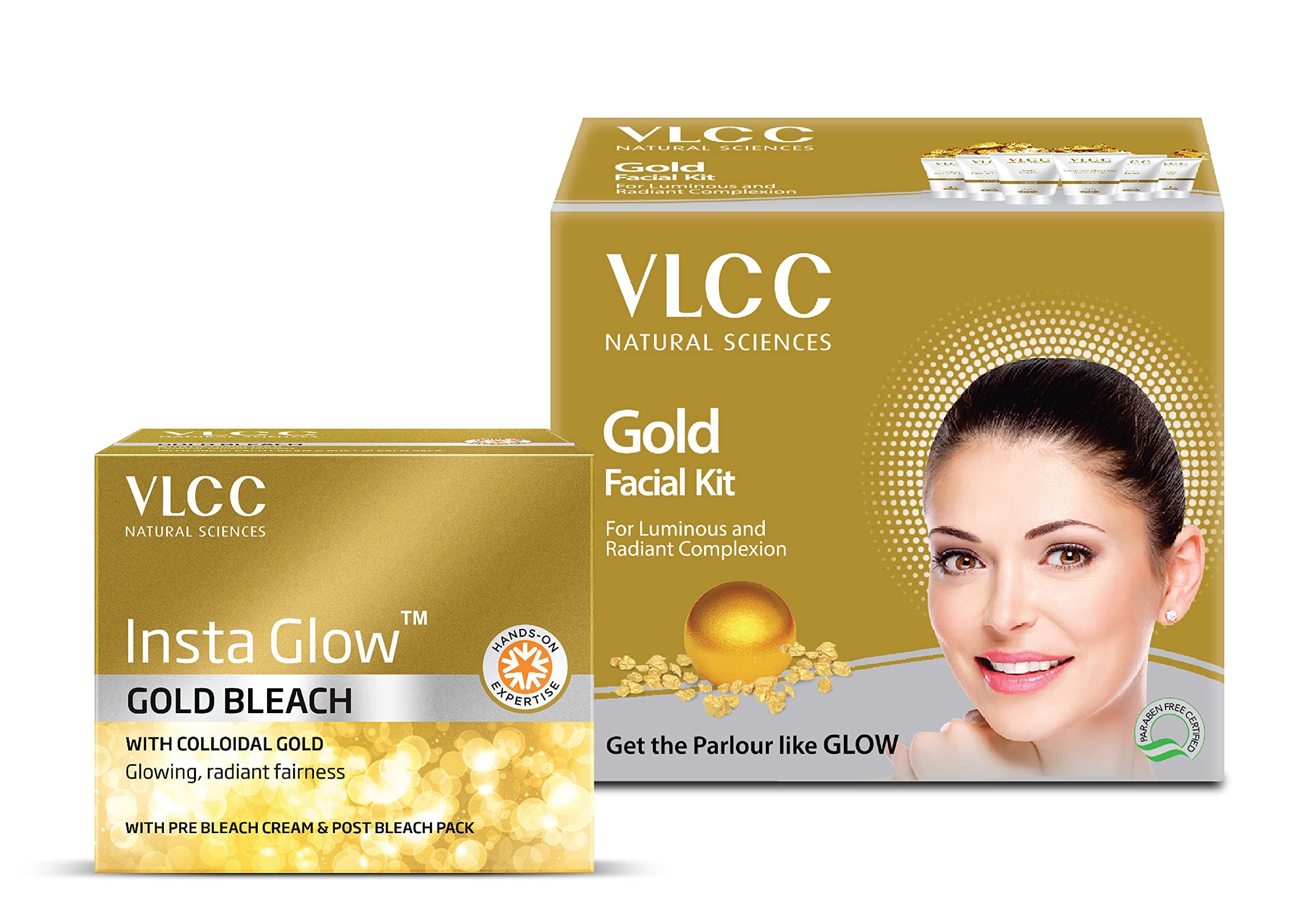 VLCC Gold Facial Kit, Bright & Glowing Skin - 60g | Pamper your Skin for a Luminous Glow & VLCC Insta Glow Gold Bleach - 30g | With Colloidal Glow For Glowing Fairness.