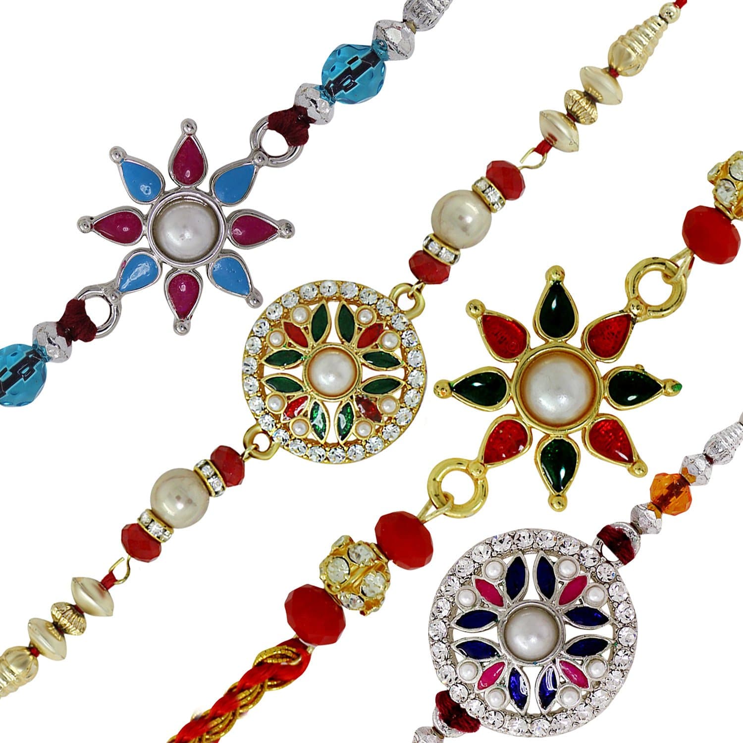 Mahi Set of 4 Rakhi for Brother with Meenakari Work and Beads - Assorted Set of Rakhi for Brother, Bhai, Bhaiya (CO1104517M)