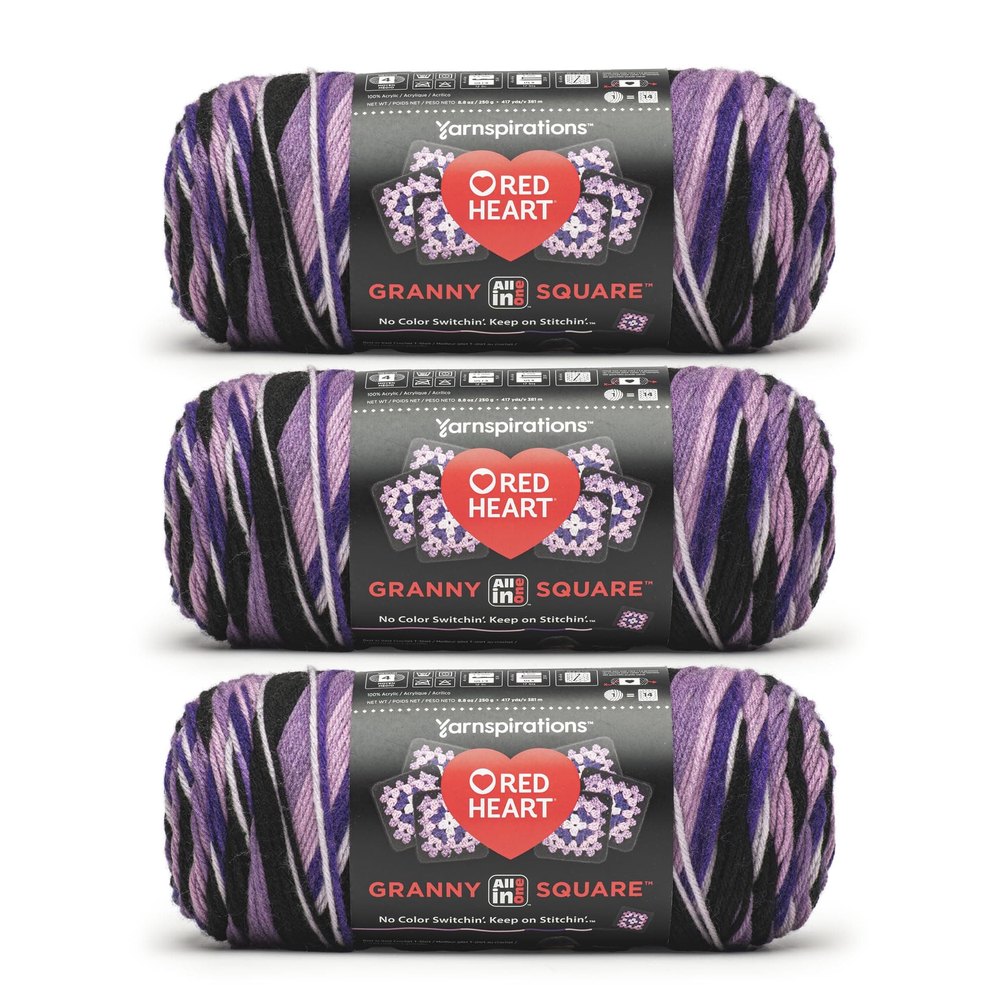 Red Heart Granny Square Crochet Yarn, Black-Grape Granny, 3-Pack