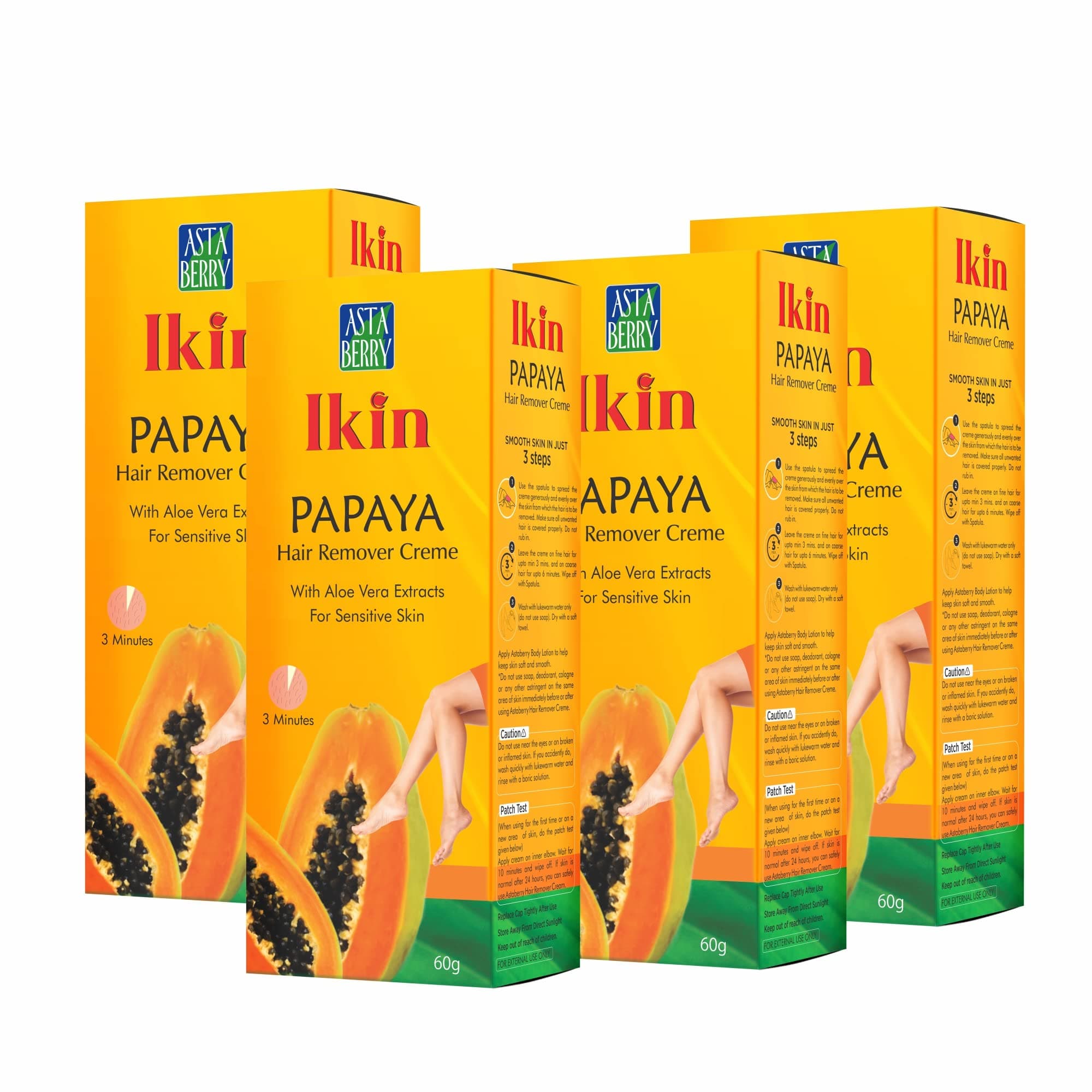 Ikin Papaya Hair Remover Cream For Sensitive Skin - Bikini Hair Removal Cream For Women & Girls Pack of 4 (60gm X 4)