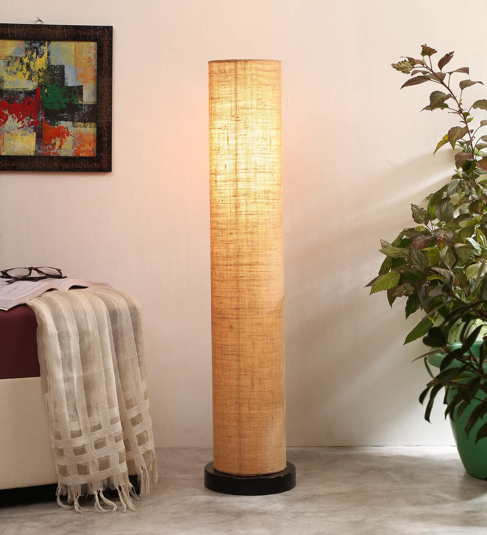 AMDHOME Jute Shade LED Round Shape Floor Lamp, Standing Modern Iron Finish Base (33 Inch, Color-Beige) - For Bedside & Living Room, Bedroom | Home Decor, Hotel, Office Decoration | Perfect for Gifting
