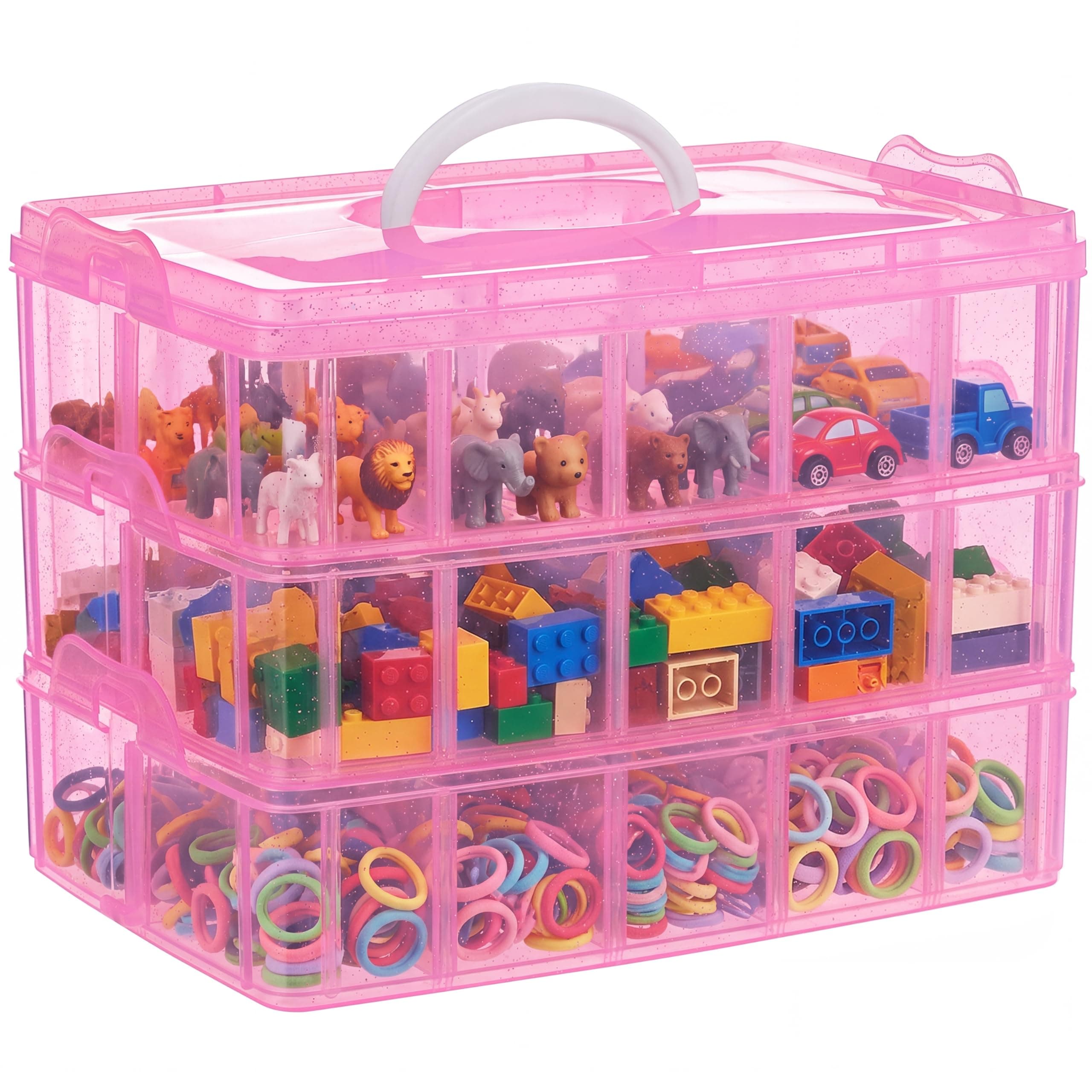 SGHUO 3-Tier Pink Craft Storage Container Box, Stackable Organizer Box with Dividers for Art Supplies, Fuse Beads, Washi Tapes, Beads, Hair Accessories, Nail, 9.5X6.5X7.2inch
