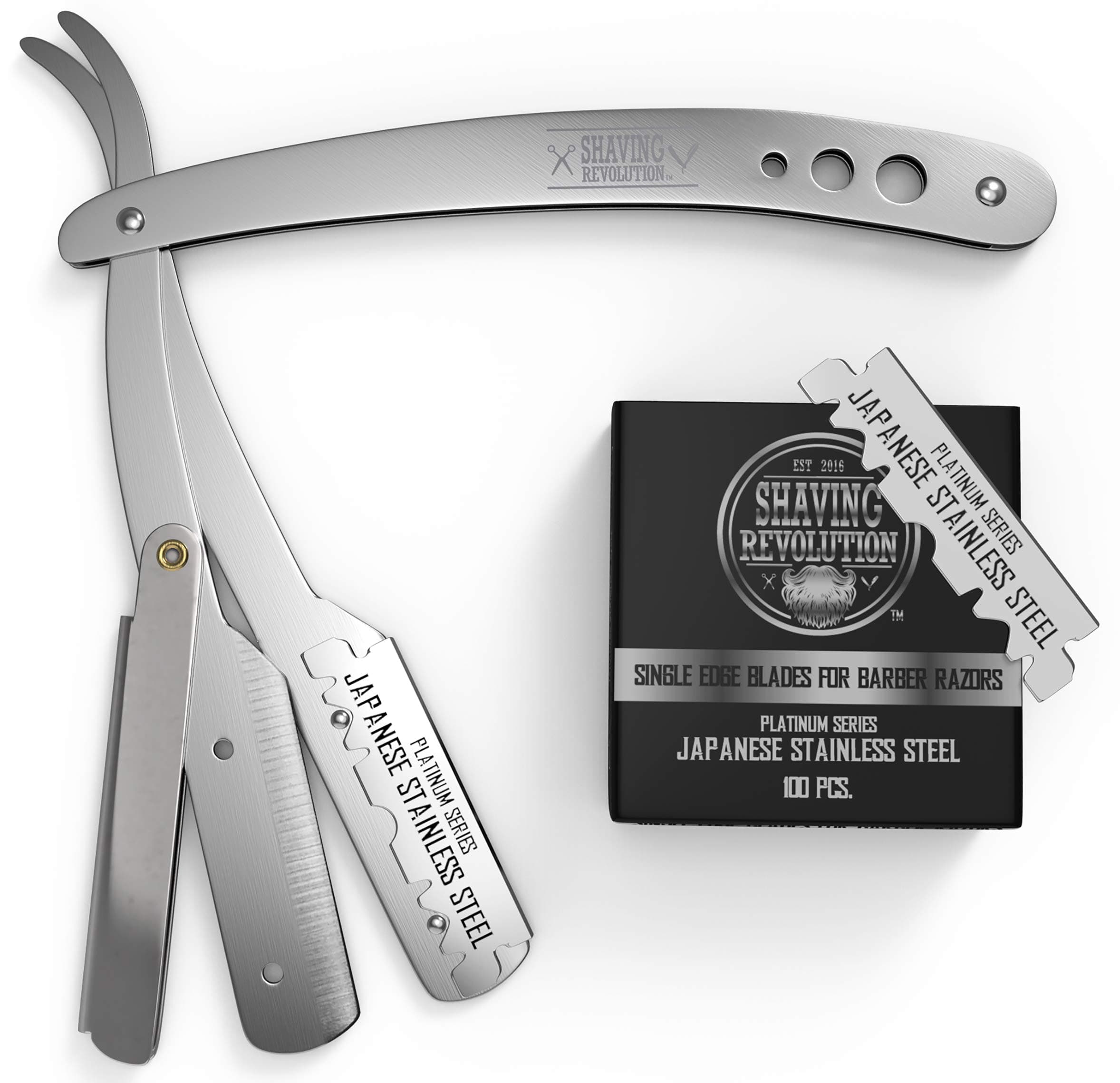 Shaving Revolution Barber Straight Razor - Silver, 100 Blades, Men's Straight Blade Razor Kit