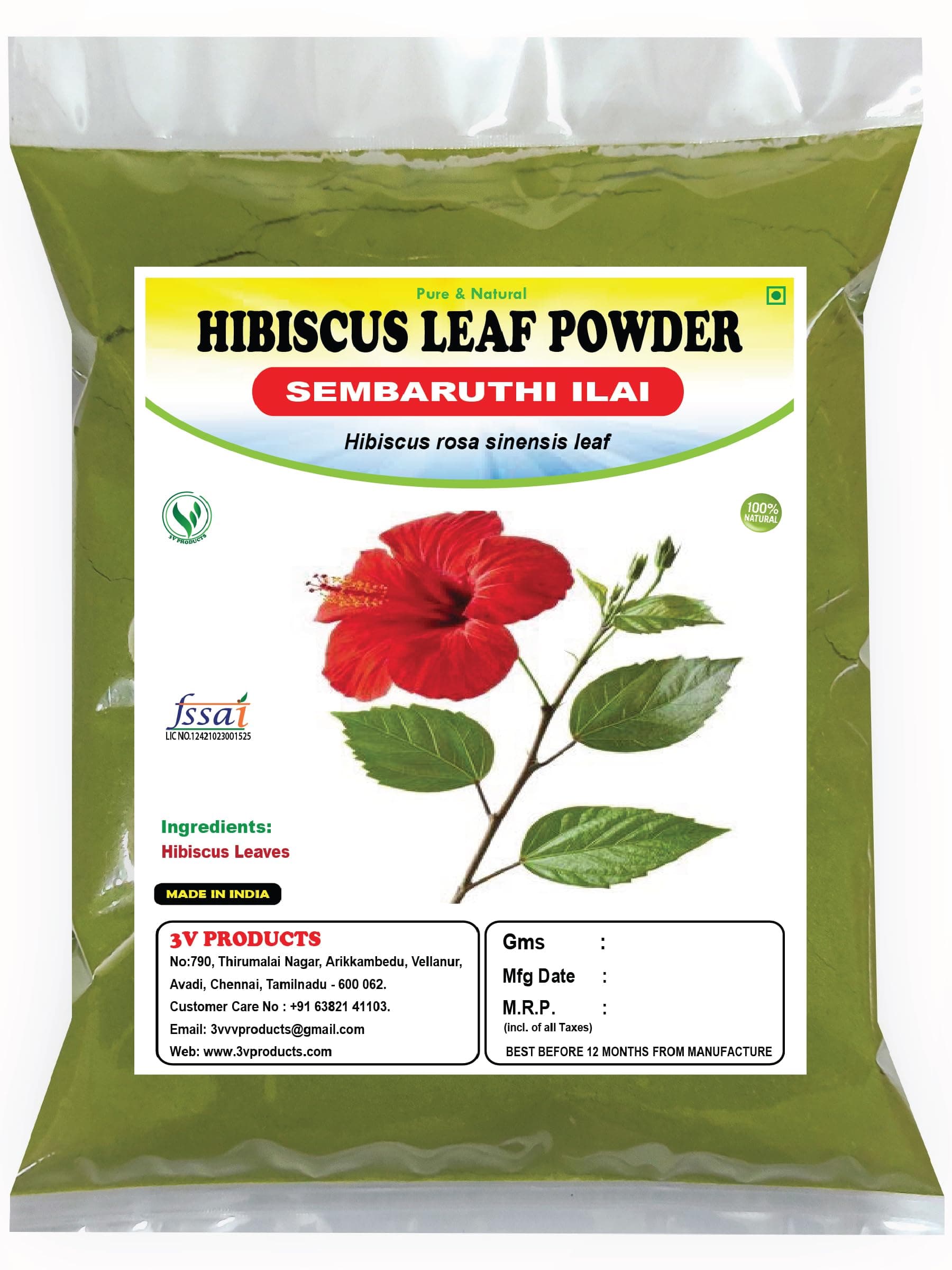 3V PRODUCTS Hibiscus Leaf Powder 100g | Sembaruthi Leaf Powder | Hibiscus rosa sinensis leaf