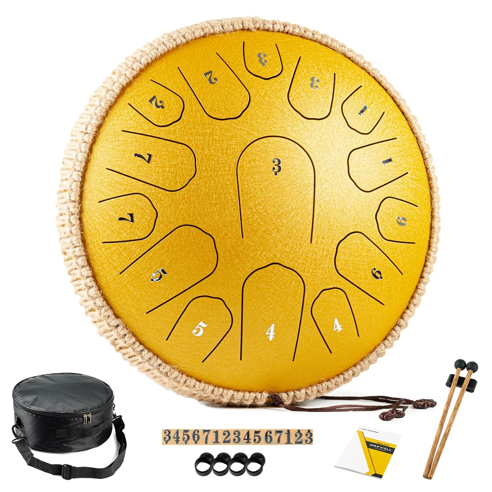 HOPWELL Steel Tongue Drum - 13 Inches 15 Notes Tongue Drum - Percussion Instruments - Hand Pan Drum with Music Book, Handpan Drum Mallets and Carry Bag, D Major (Yellow)