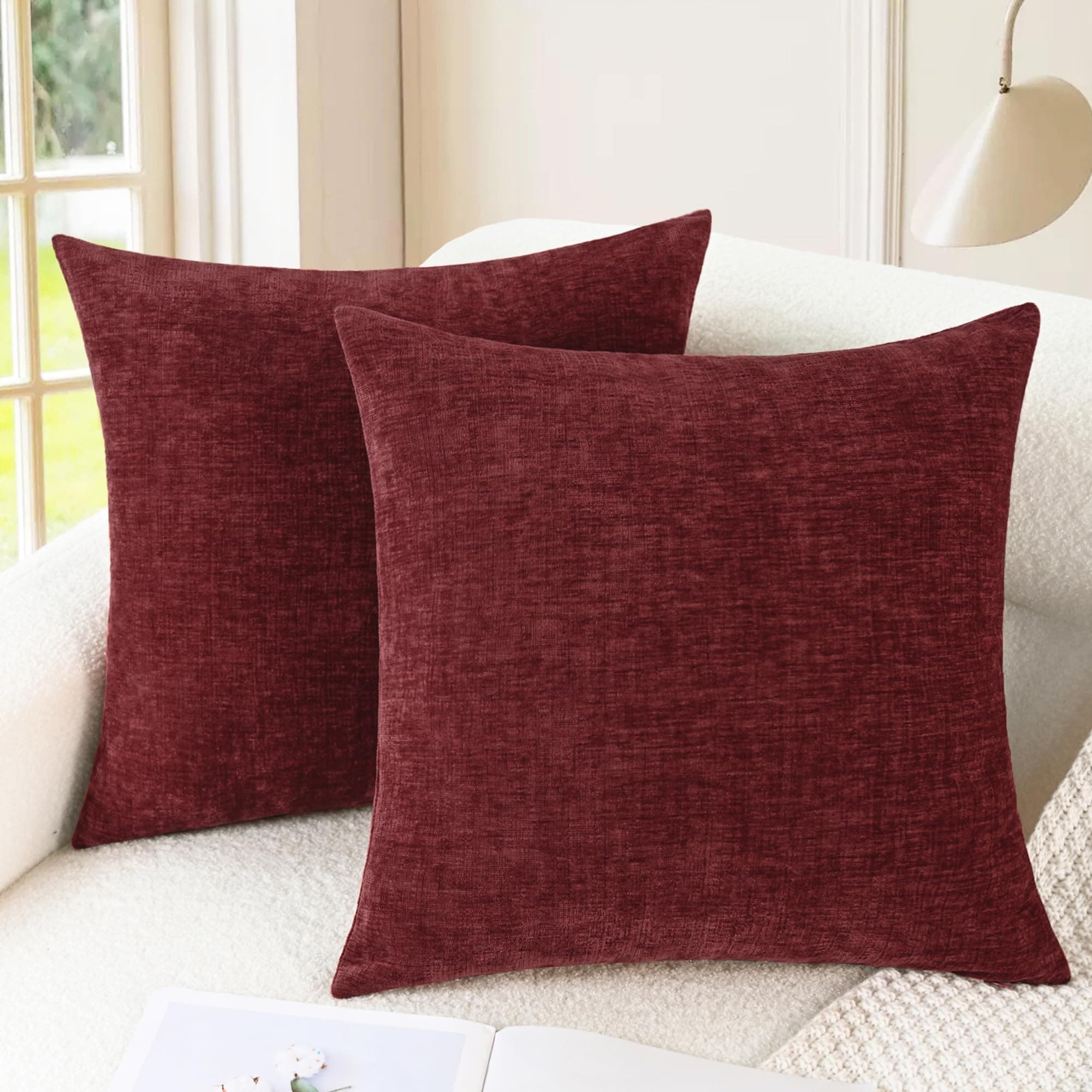 Pack of 2 CaliTime Throw Pillow Covers Cases for Couch Sofa Home Decor, Solid Dyed Soft Chenille, 18 X 18 inches, Burgundy