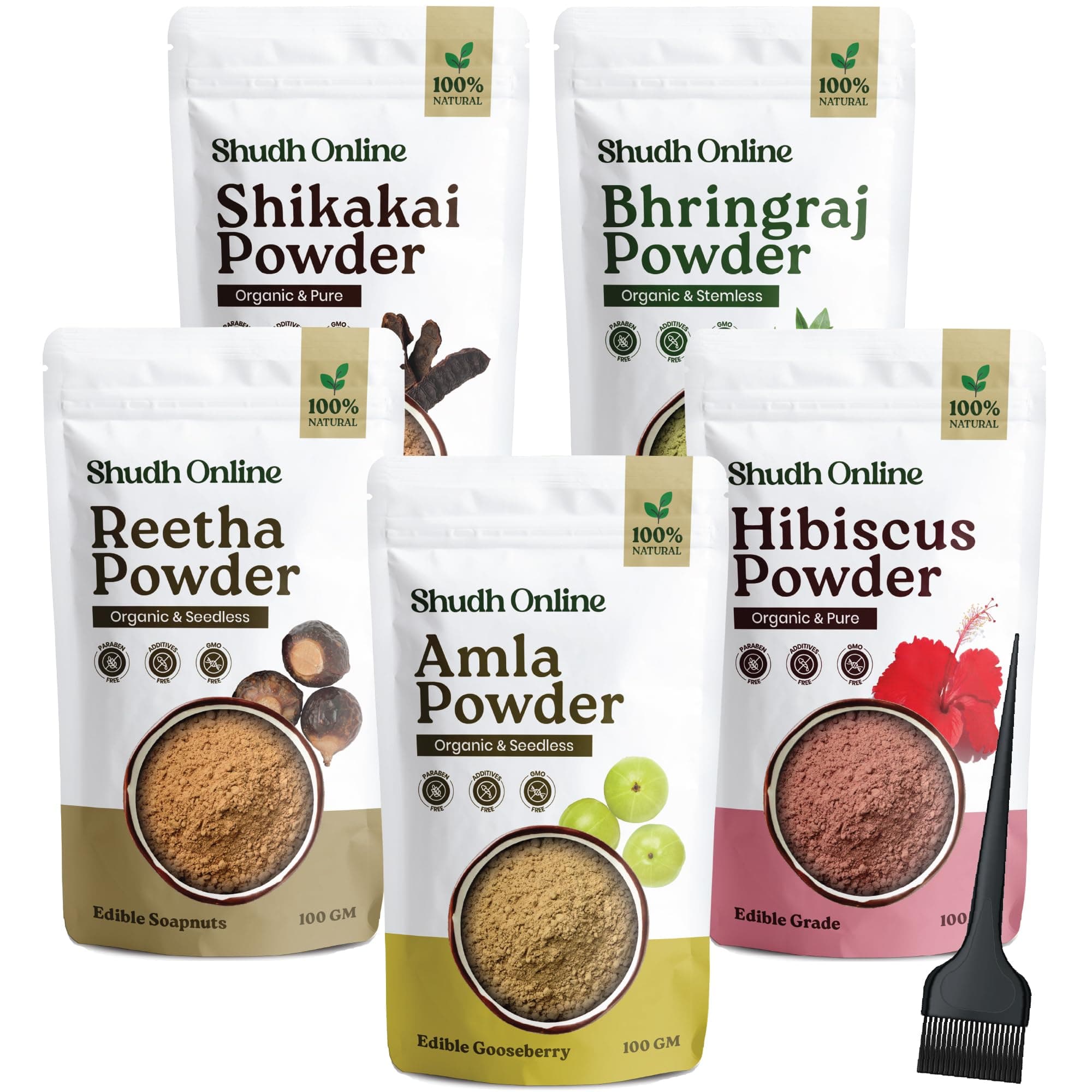 Shudh Online Amla, Reetha, Bhringraj, Shikakai & Hibiscus Powder Combo (500g) Hair Mask for Hair Growth Pack - Herbal Shampoo Wash - Dry Amala, Rita, Gudhal (100 grams each)