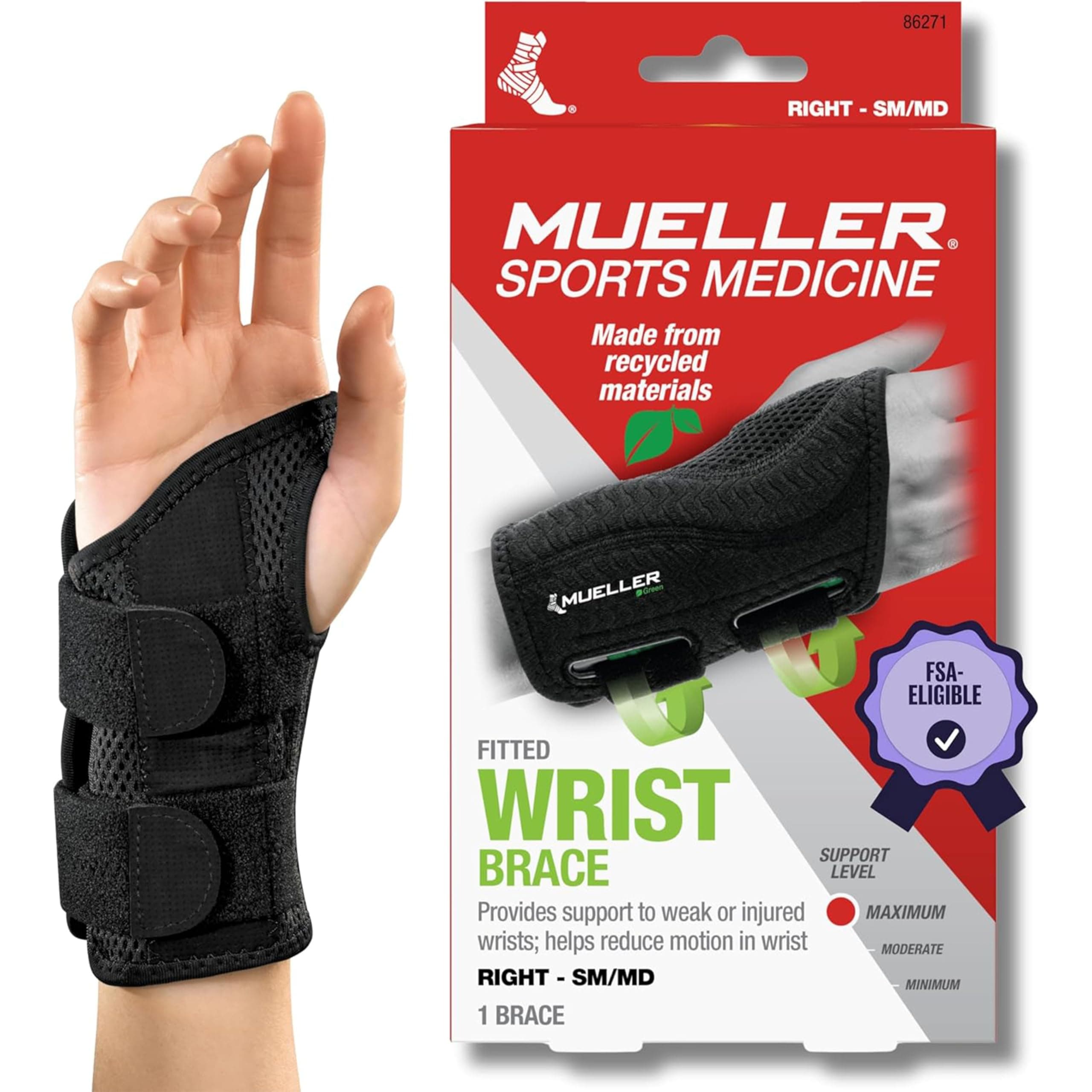 Mueller Fitted Wrist Brace Green Line Number 86271 - Right Fitted Wrist Brace - SM/MD 5-8"