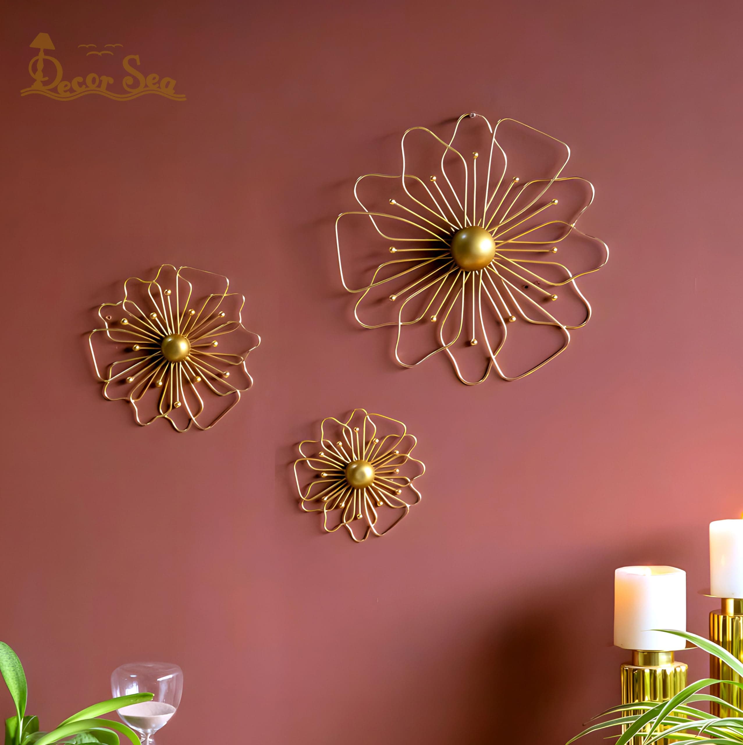 DECOR SEA® Gold Metal Wall Decor Three Piece Wall Art Metal Flower Wall Decor Sculpture For Living Room Bedroom Elegant Floral Hanging Home Decore Set Of 3
