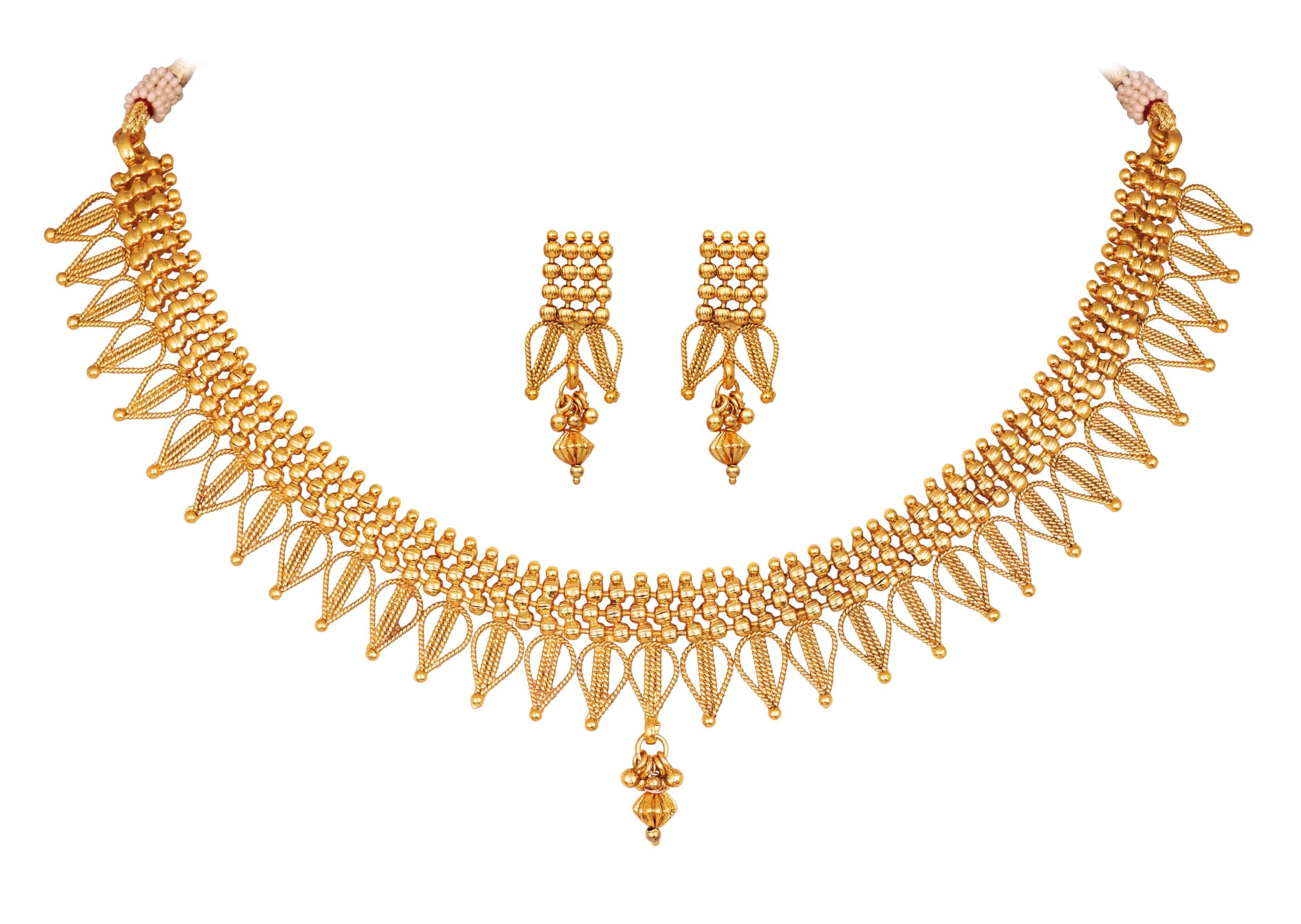 JFL - Jewellery for Less Traditional One Gram Gold Plated Necklace Set for Women | Design Handmade Mesh Pattern Necklace with Matching Drop Earrings | Ethnic Wedding, Bridal & Festive Jewellery