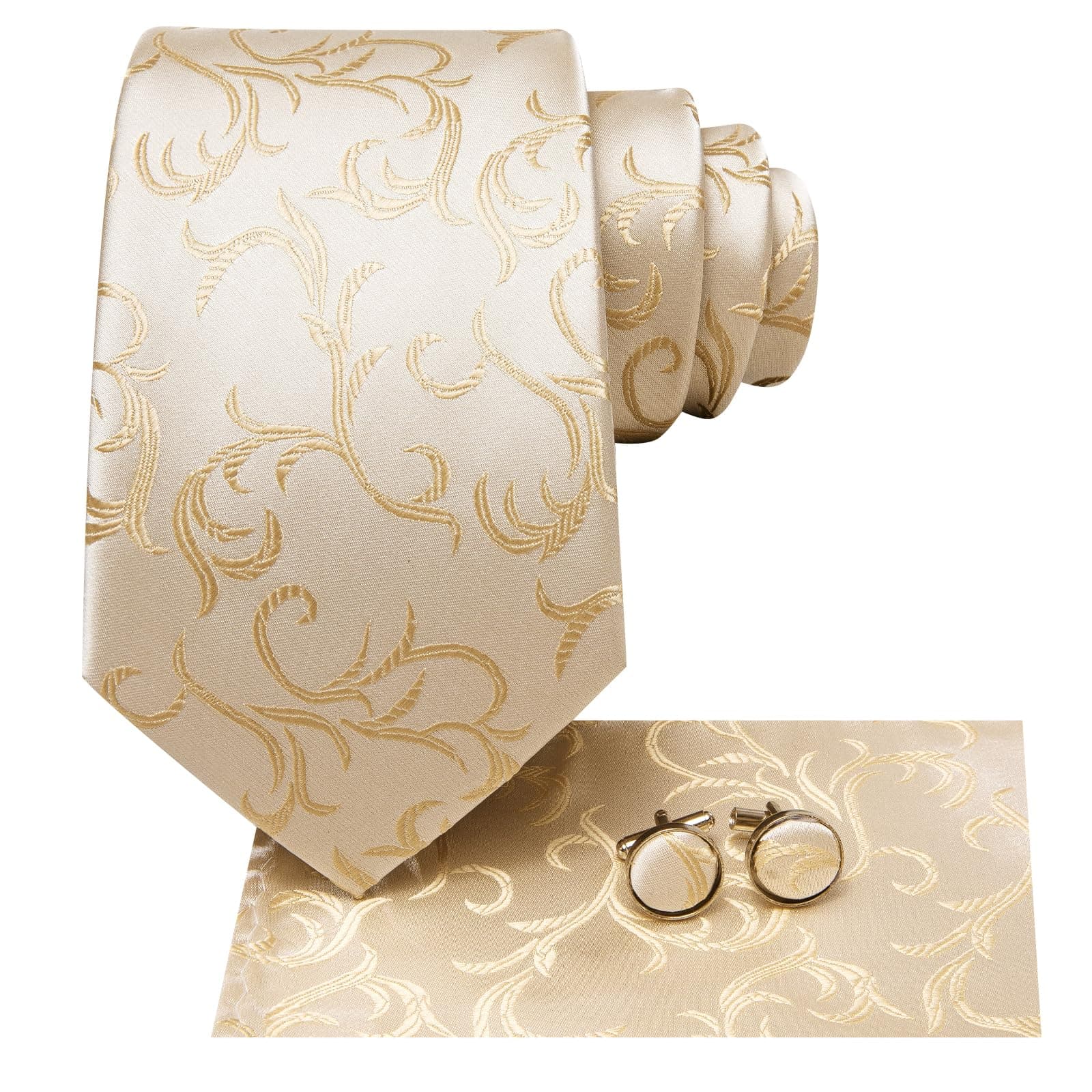 Hi-Tie Men's White Golden Floral Woven Silk Necktie with Cufflinks and Pocket Square Set