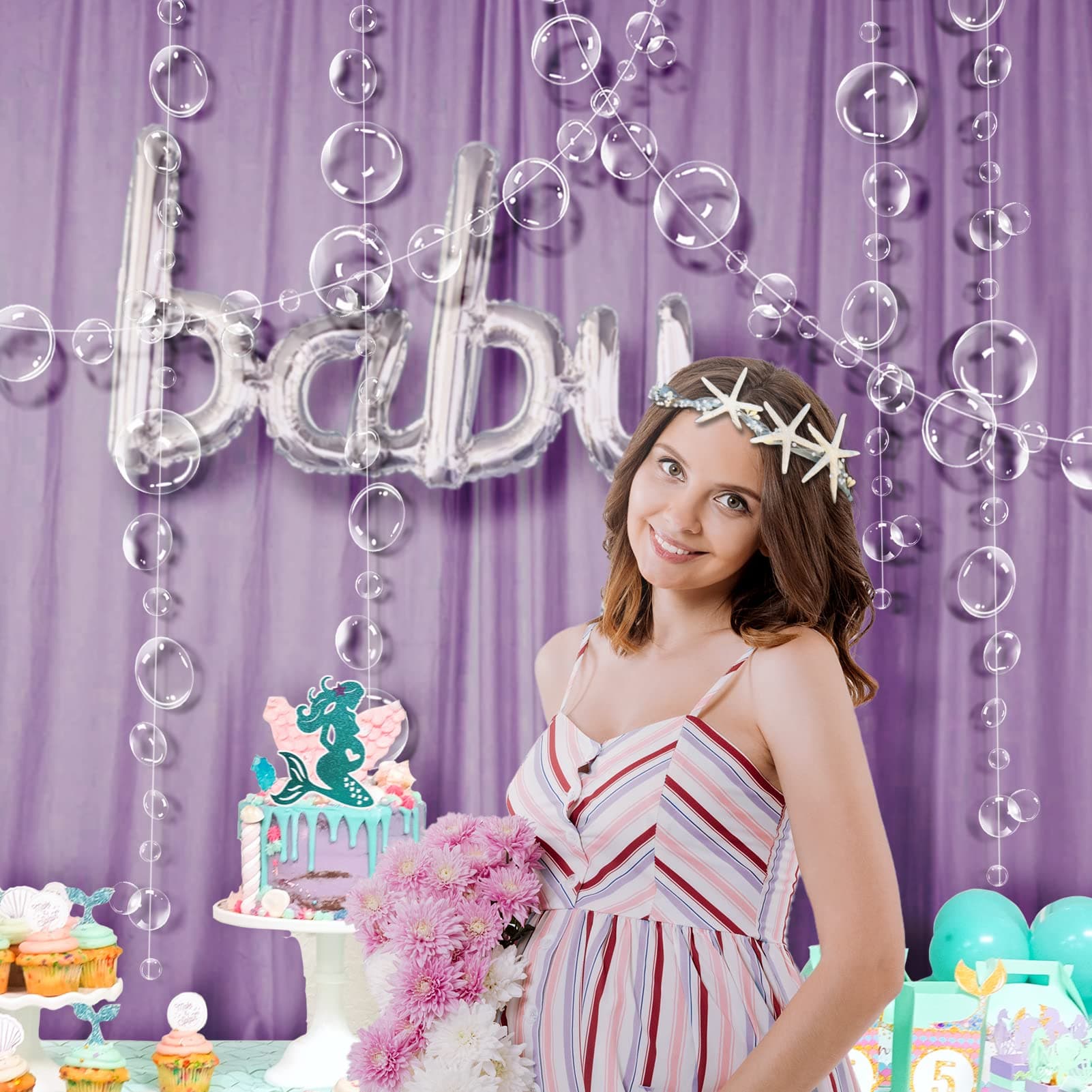 White Transparent Bubble Garlands for Party Decorations Hanging Floating Bubbles Cutout Streamer Background for Mermaid Under The Sea Birthday Home Kids Room Prom Wedding Baby Shower Decor (White)