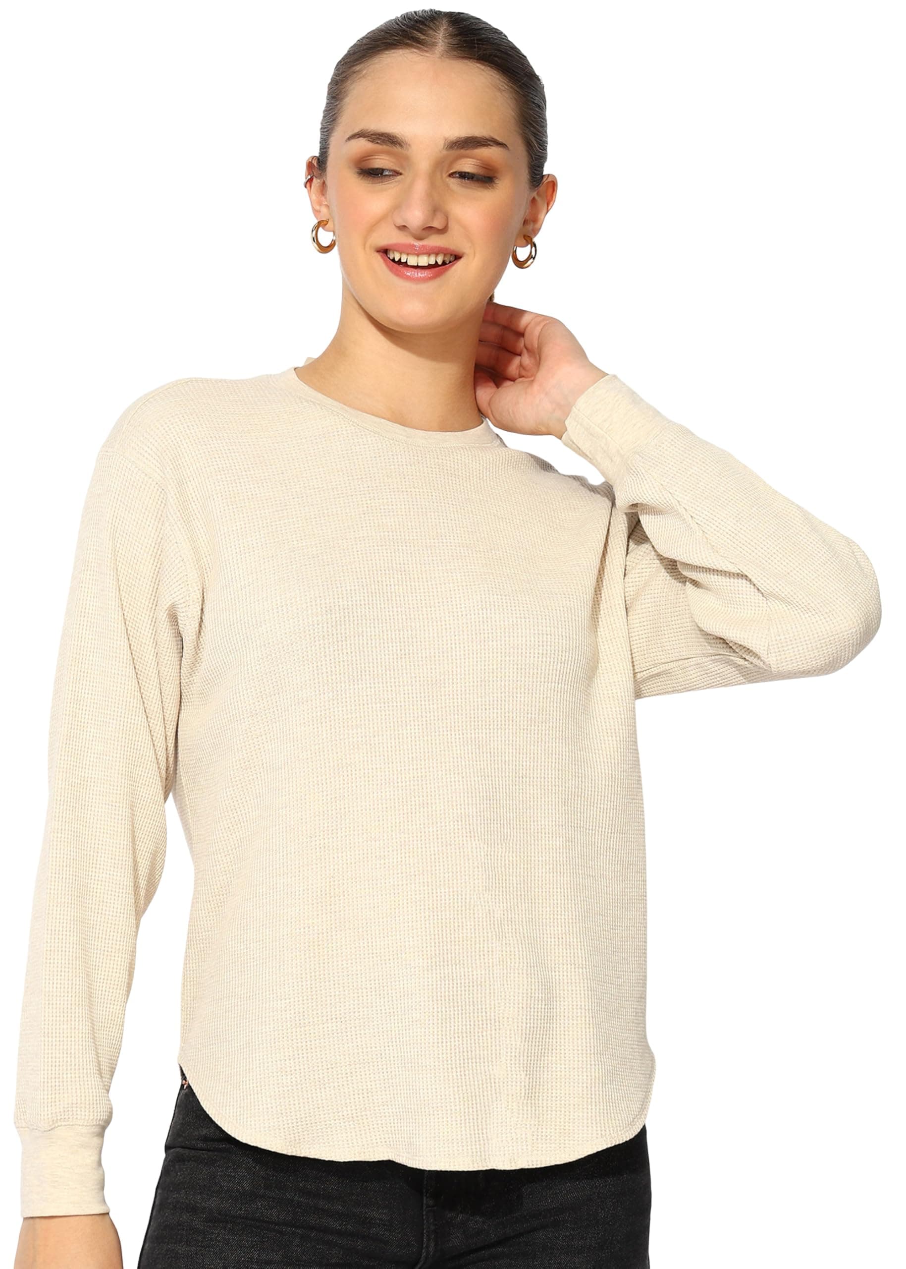 Alan Jones Clothing Women's Waffle Crew Neck Long Sleeve T-Shirt (Natural_S)