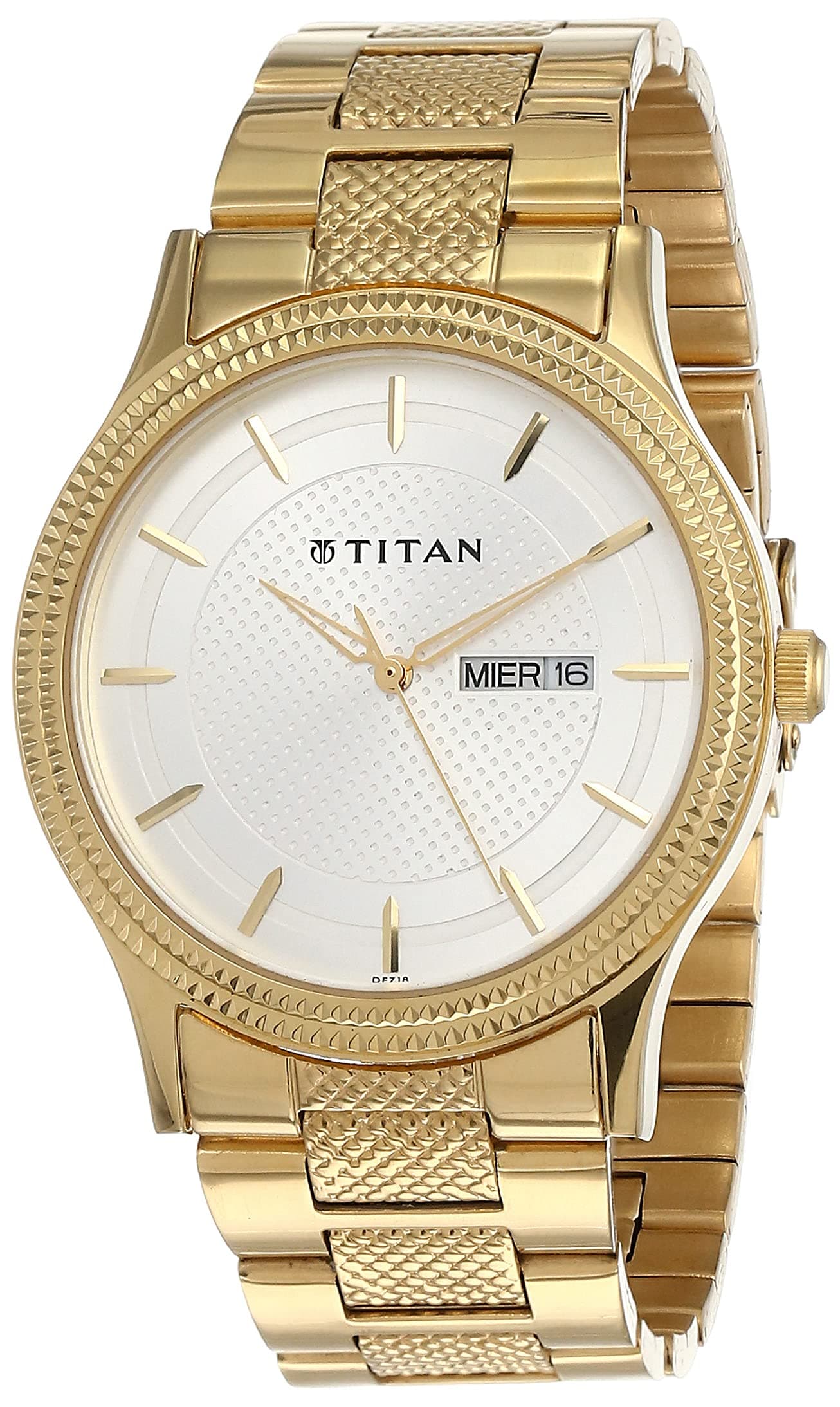 Titan Karishma Quartz Analog with Day and Date White Dial Golden Stainless Steel Strap Watch for Men - NT1650YM05