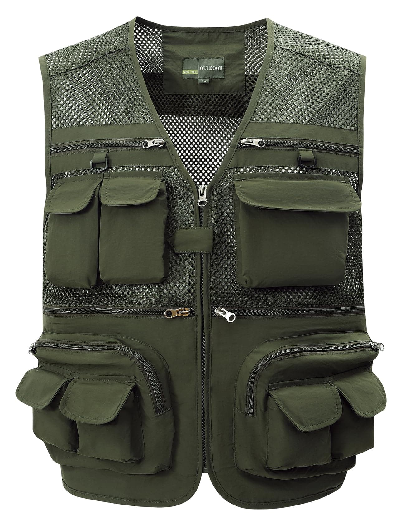 Gihuo Men's Fishing Vest Utility Safari Travel Vest with Pockets Outdoor Work Photo Cargo Fly Summer Vest, Army Green-mesh, X-Large