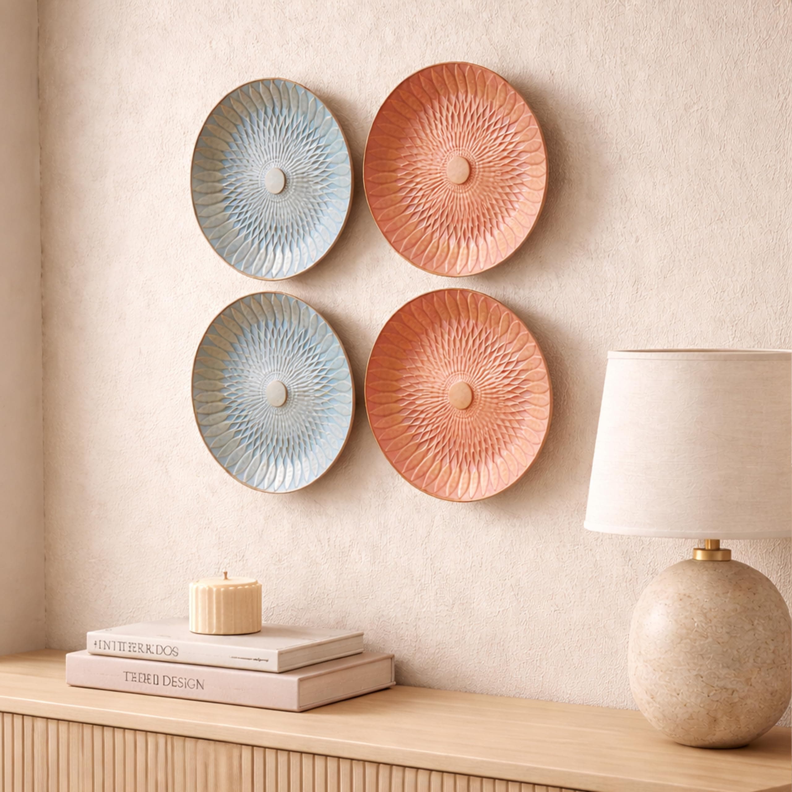 PAINTINGMANTRA MDF Decorative Wall Plates Embossed Floral Printed Round Hanging Wall Decor Plate, Lightweight Ready to Hang Wall Art for Living Room set of 4