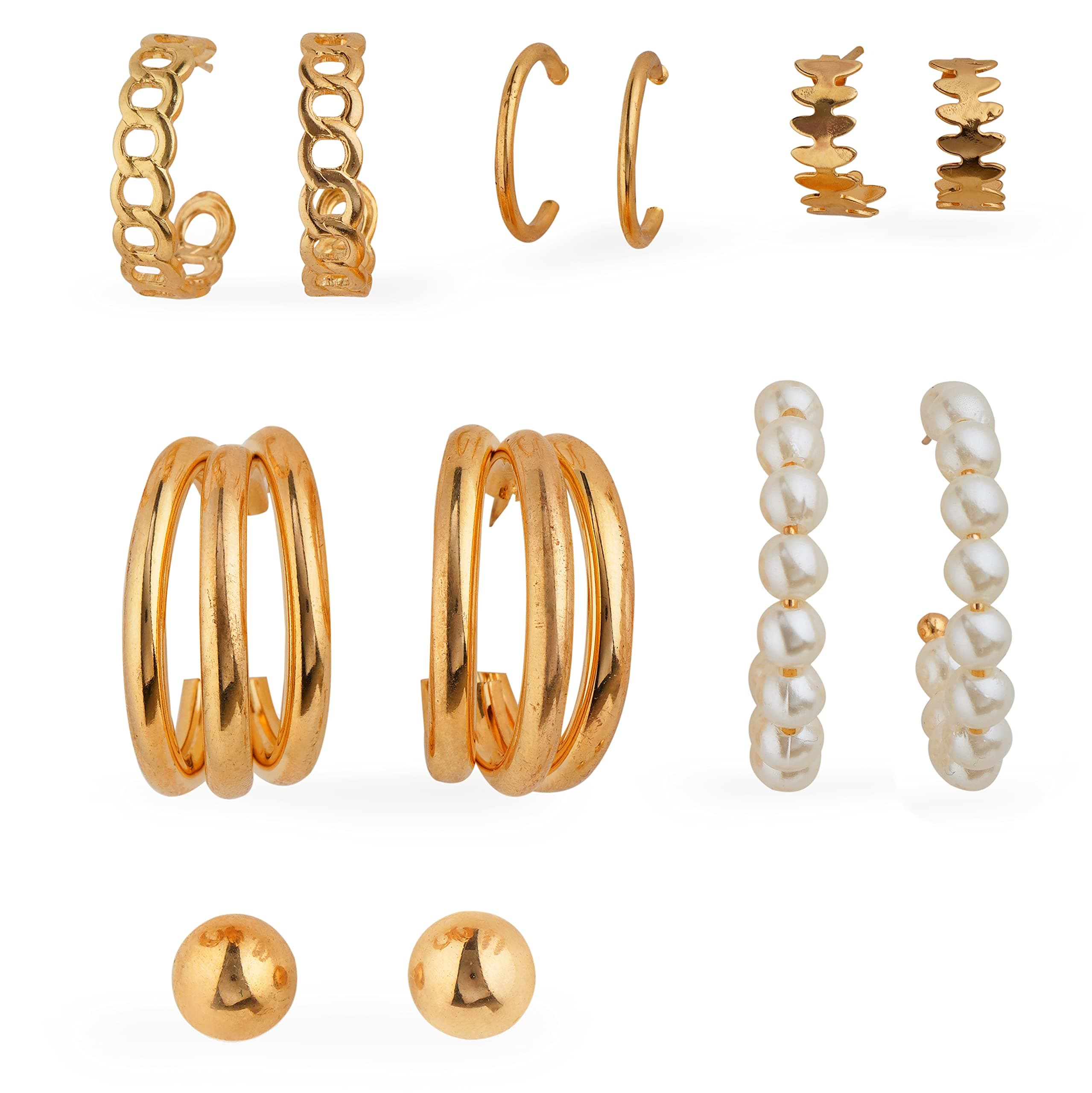 Fashion Frill Delicate Pearl Gold Plated Multi Designs Hoop Drop Earrings For Girls Women Western Stylish Latest Fancy Earrings Set Combo 6 Pair Of Earrings