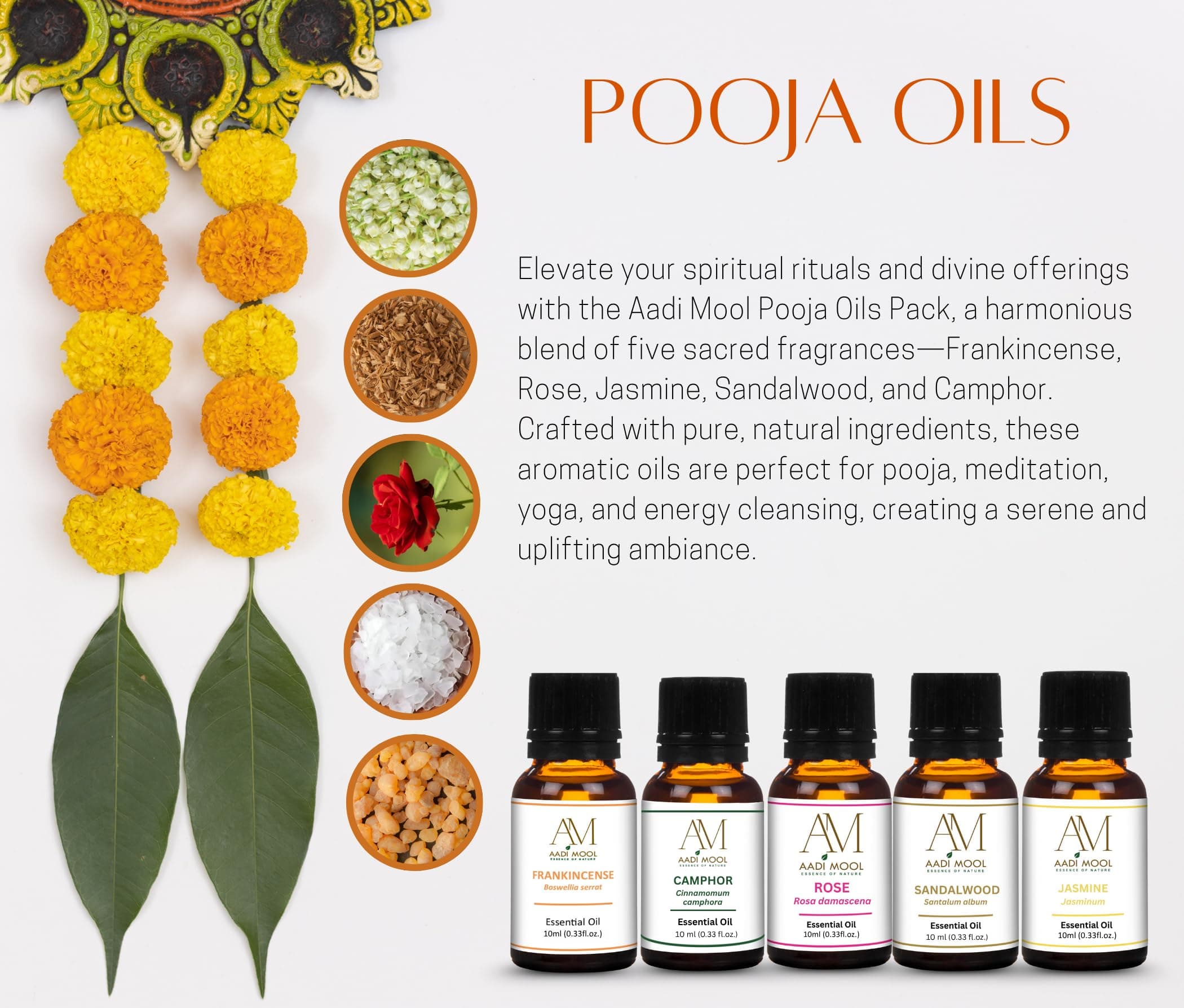 Aadi Mool Sandalwood, Camphor & Frankincense Combo Pack of 3 (10ml Each) | Essential Oils for Aromatherapy, Pooja, Diffuser, Massage & Relaxation | Chandan, Kapoor & Loban