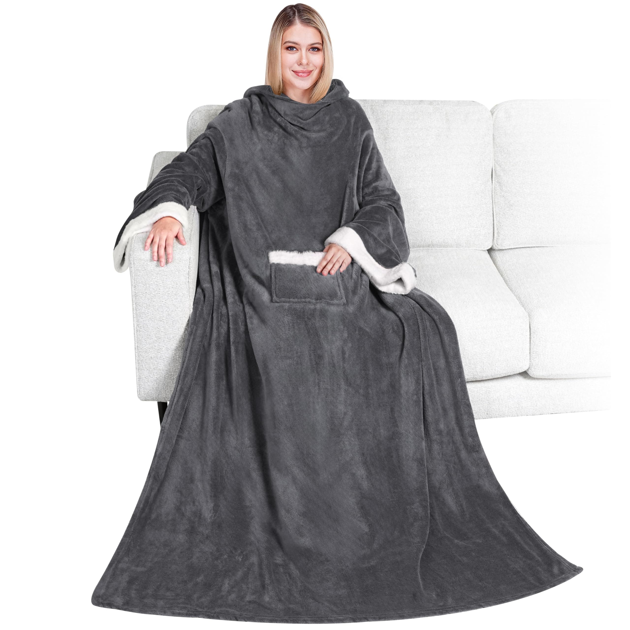 PAVILIA Deluxe Fleece Blanket with Sleeves for Adult, Men, and Women| Elegant, Cozy, Warm, Extra Soft, Plush, Functional, Lightweight Wearable Throw