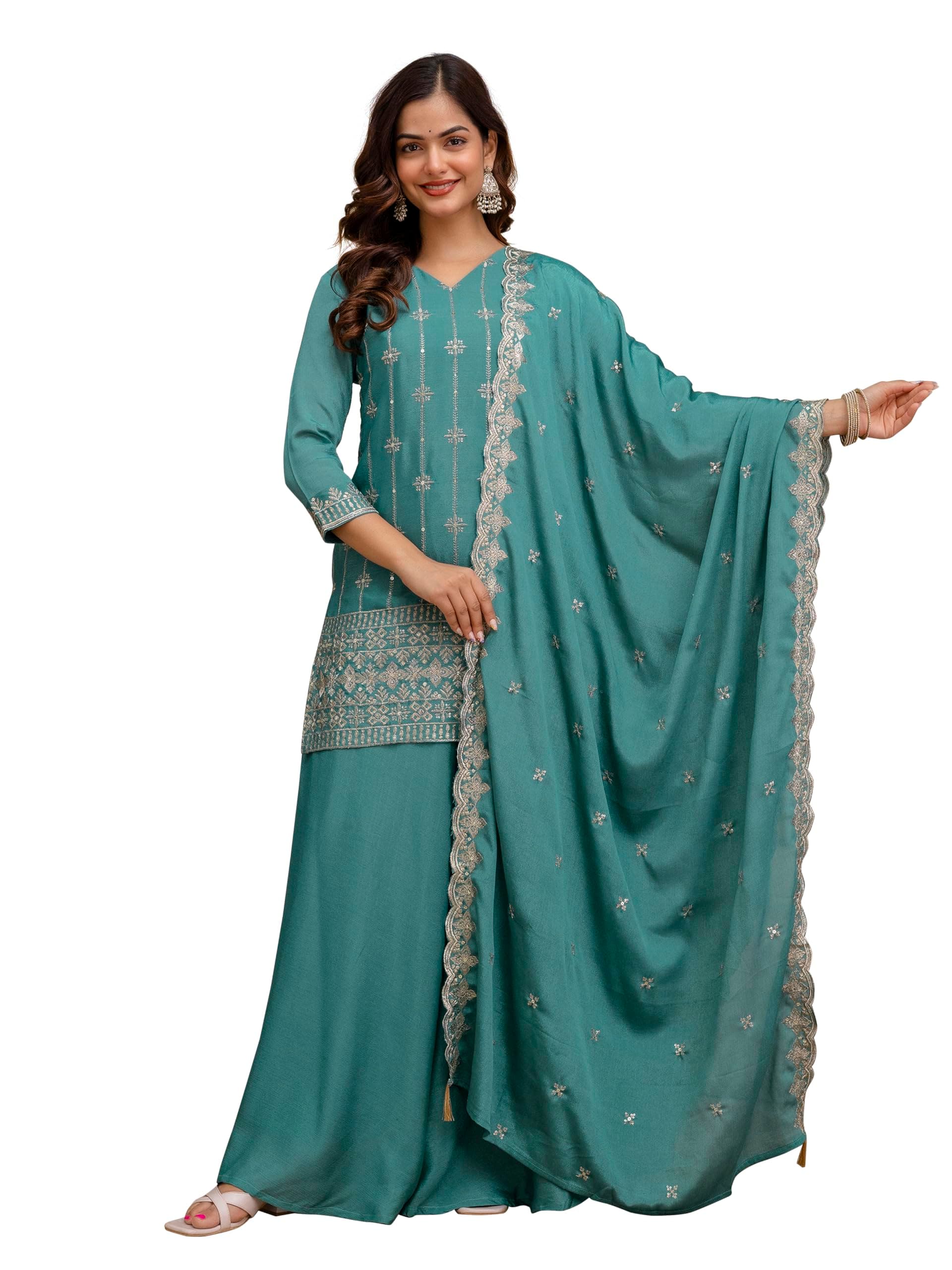 TRENDMALLS Women's Art Silk Embroidery Sequence Work Kurta Palazzo Set with Dupatta Salwar Suit Set For Women