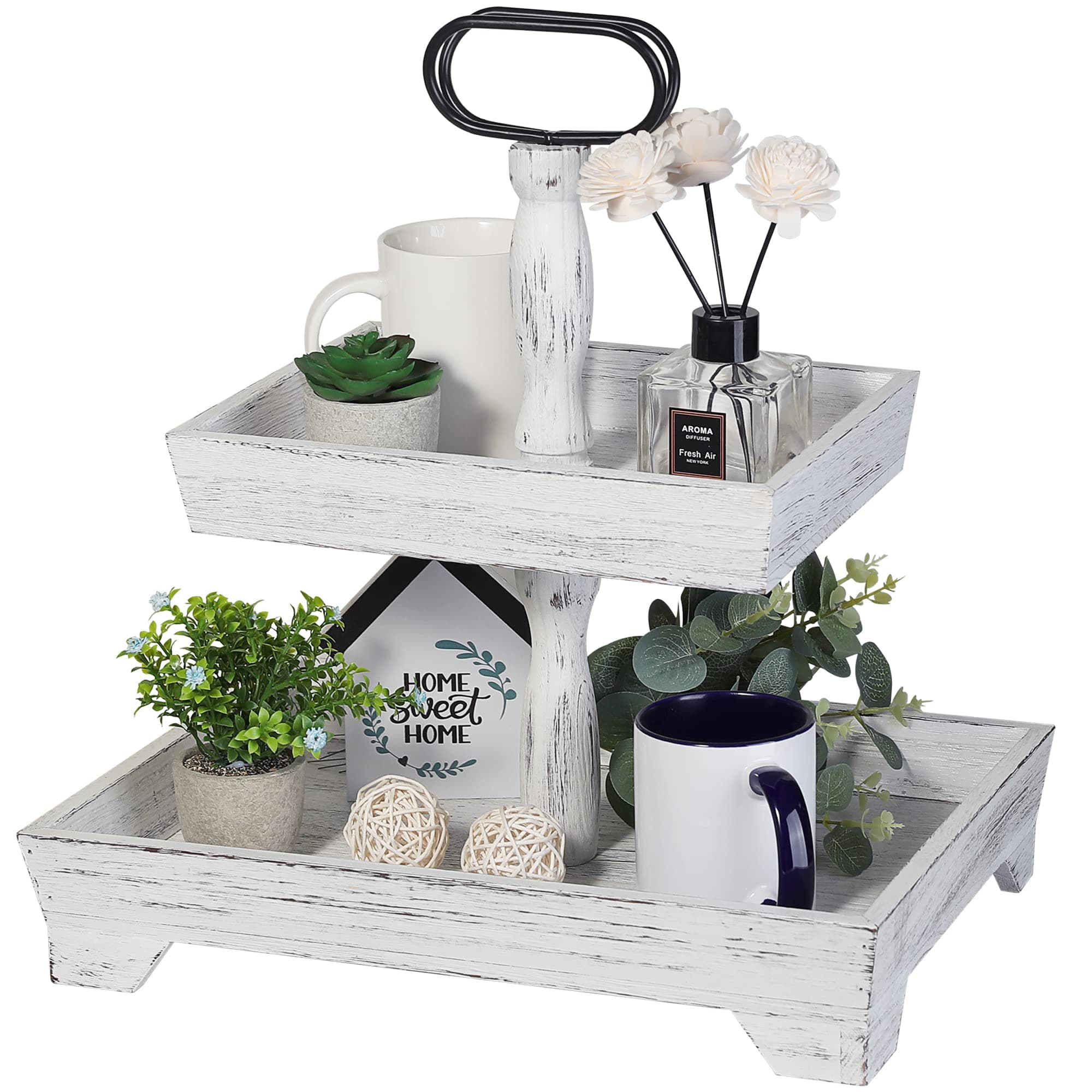 Eufrozy White 2 Tiered Tray Stand Wood for Summer Farmhouse Kitchen Decor