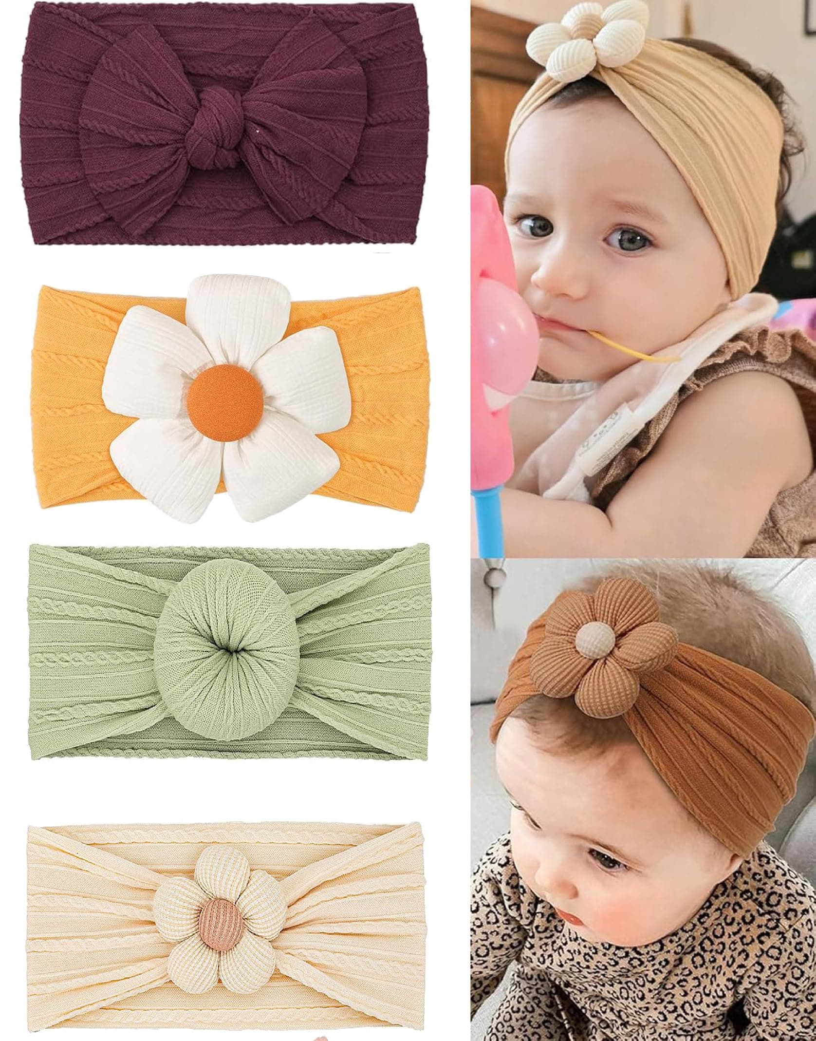 Style Keepers 4 Pcs Baby Flower Headbands Nylon Head Bands Soft Elastics Stretchy Cute Warm Hairbands Hair Bow Accessories for Girls Newborn Infant Toddler Kids Baby Essential Products Handmade 4 Set