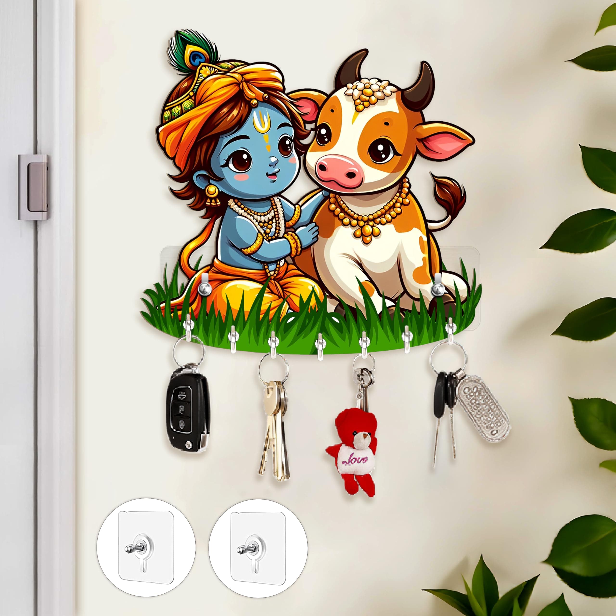 Rousrie Baby Krishna Key Holder, Brown Wooden, 8 Hooks, No-Drill Home Office Wall Mount Storage, Modern Style Decorative Design