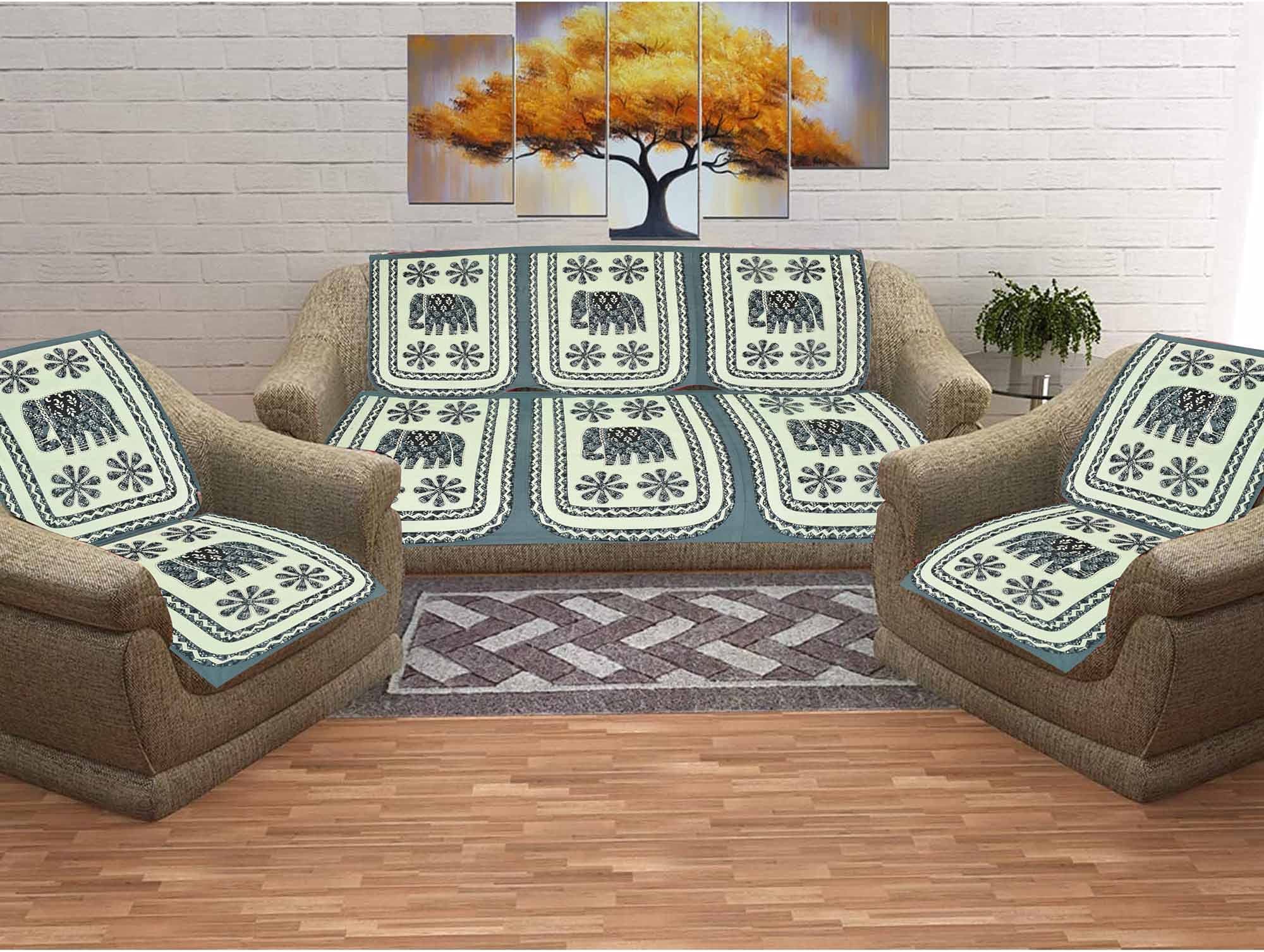 SkyKross - Everyday A New Thing Veda Cream Animal Printed Pure Cotton 5 Set of Sofa Cover(3+1+1)