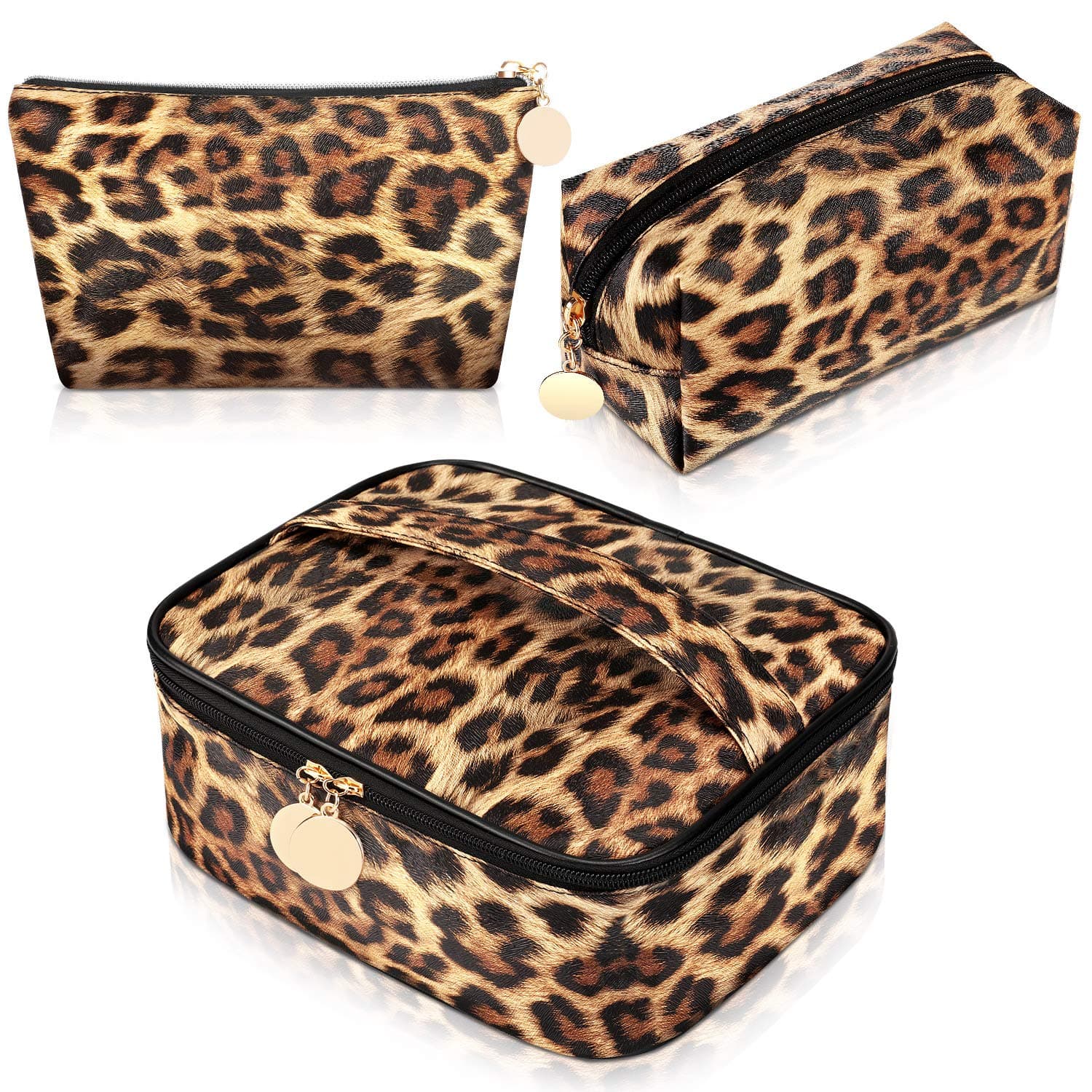 3 Pieces Leopard Print Cosmetic Bag Set Toiletry Travel Makeup Pouch Portable Makeup Bag Brush Organizer Purse Handbag for Women