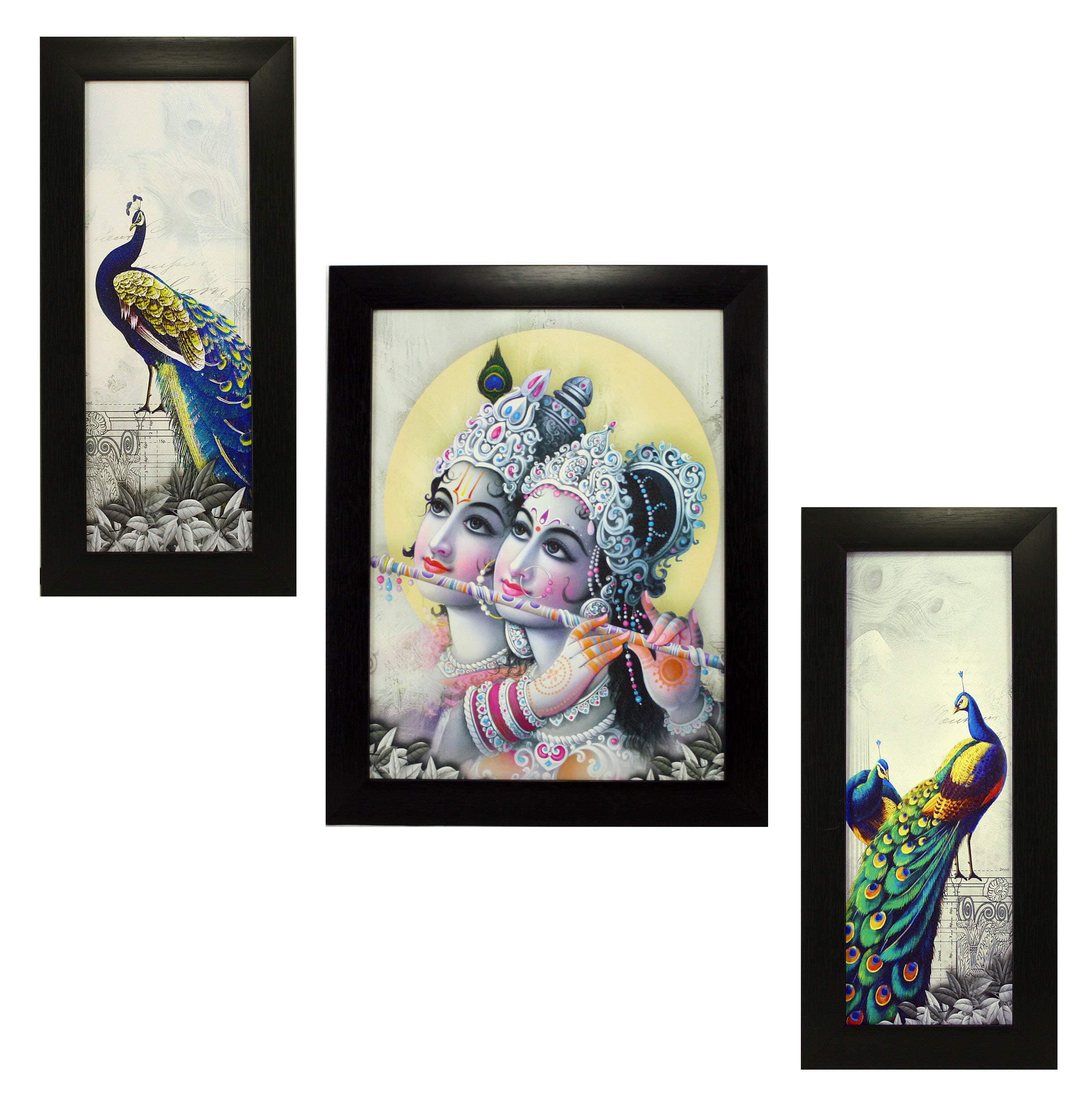 Indianara 3 PC Set of Radha Krishna Paintings (1520) Without Glass 5.2 X 12.5, 9.5 X 12.5, 5.2 X 12.5 inch
