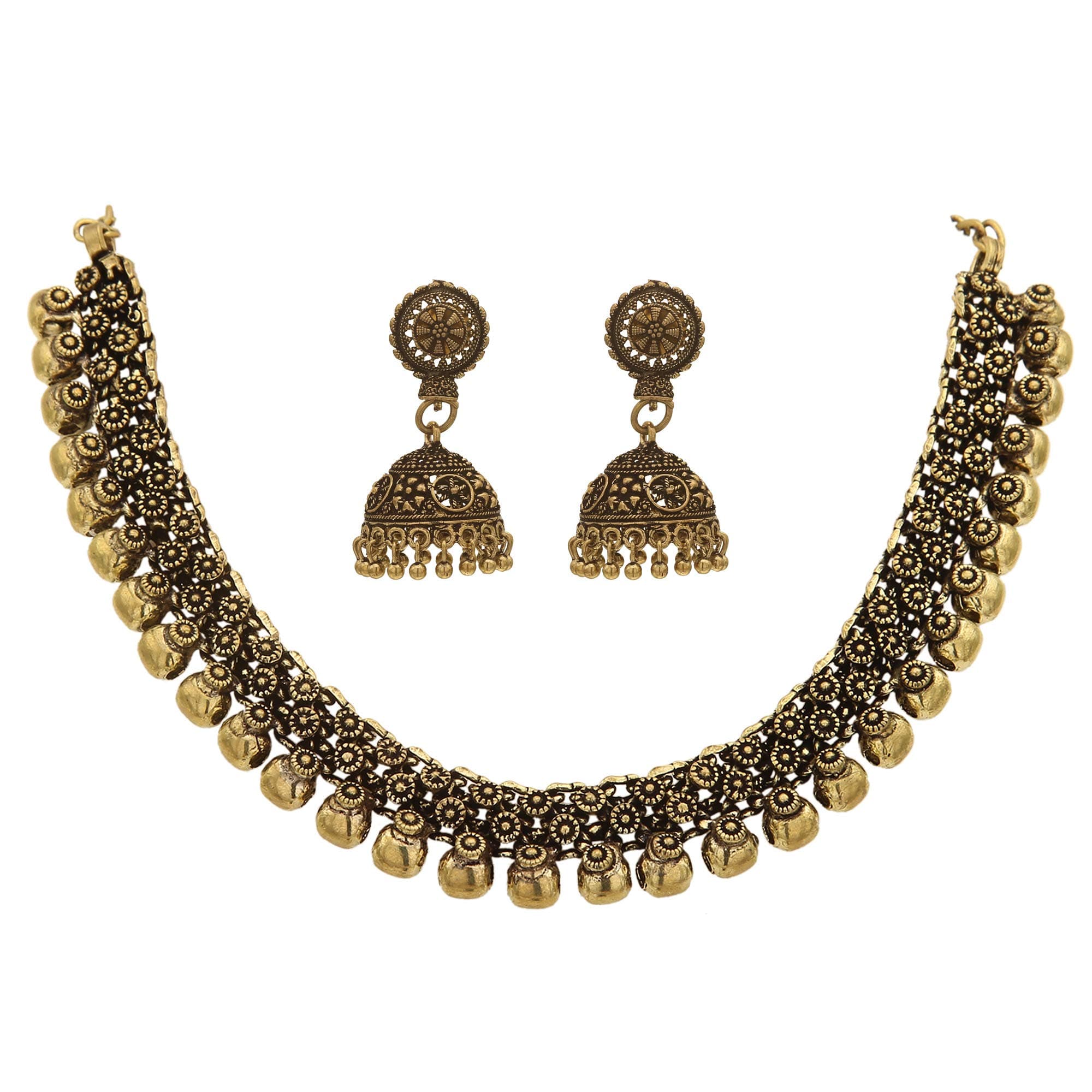 Sasitrends Golden Brass Alloy German Silver Antique Gold Necklace with Jhumki for Women (Gold)
