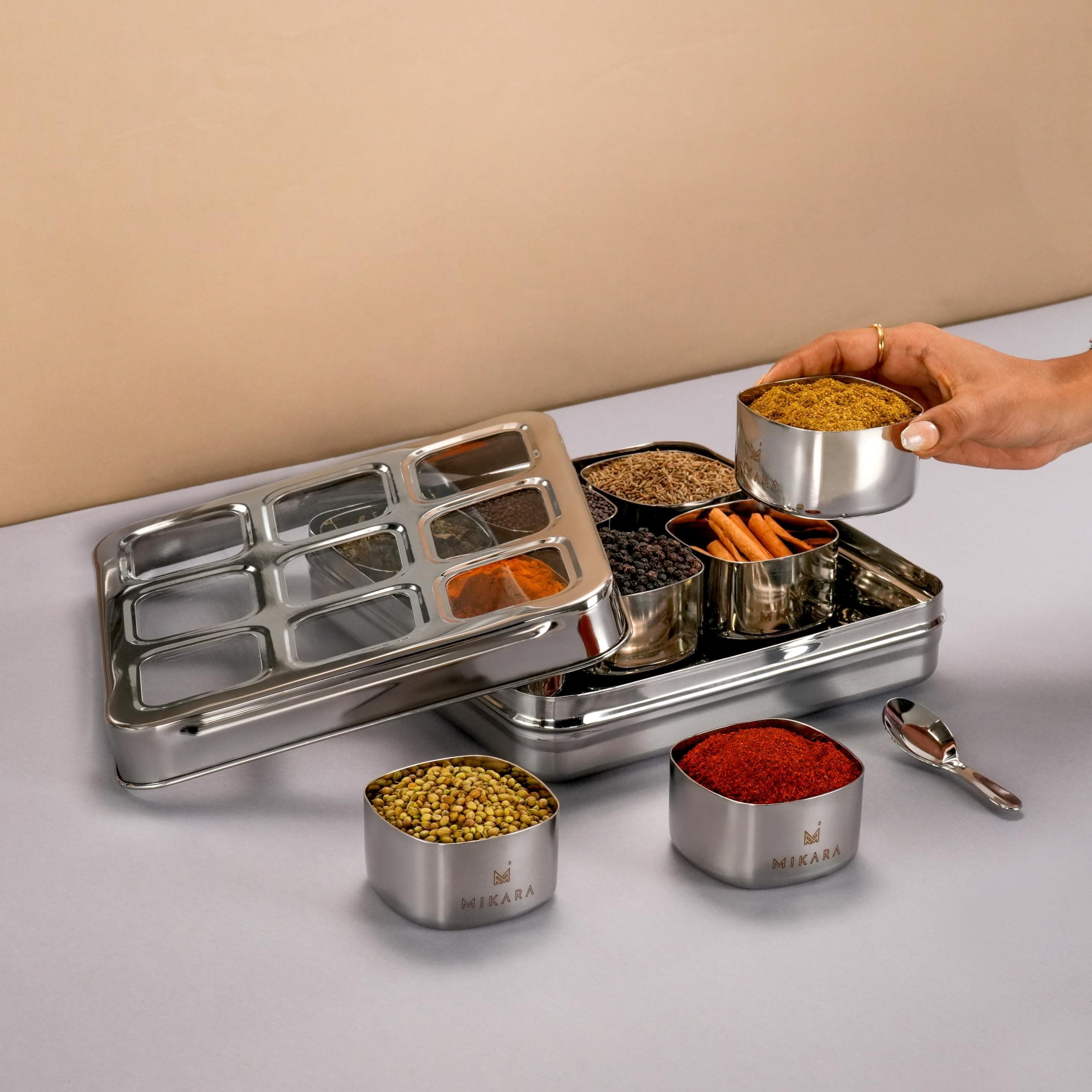 MIKARA Stainless Steel Masala Dabba with 9 Containers | Stainless Steel Mukwas dabba Mukwas Dabba |Square Masala Box/Spice Dabba with Lid & Spoon (1, Square)