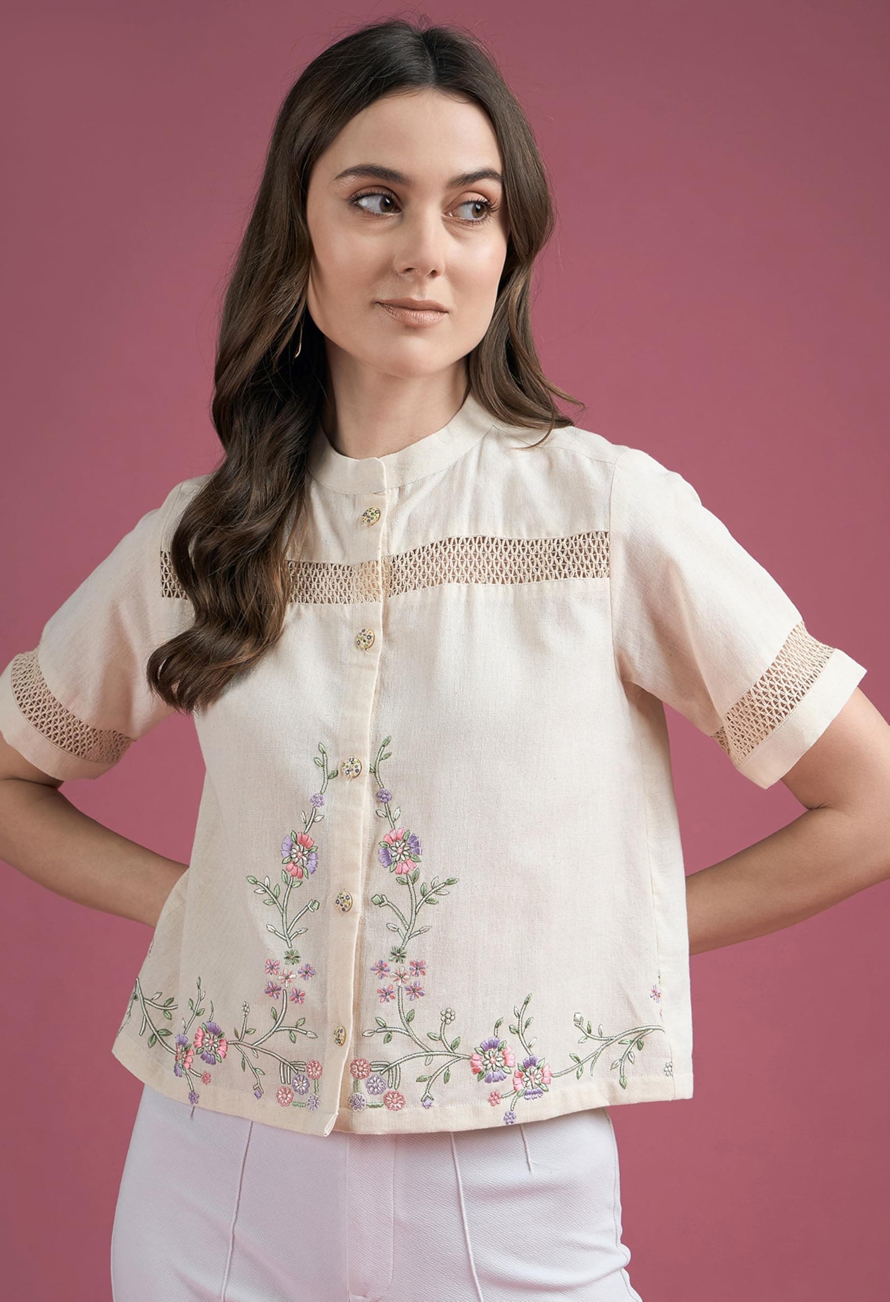 All Yours Beige Embroidered Cotton Shirt|for Every Day Wear|Office Wear|stylied wear|Comfort Wear (AYALLSH1452_QTR_S)