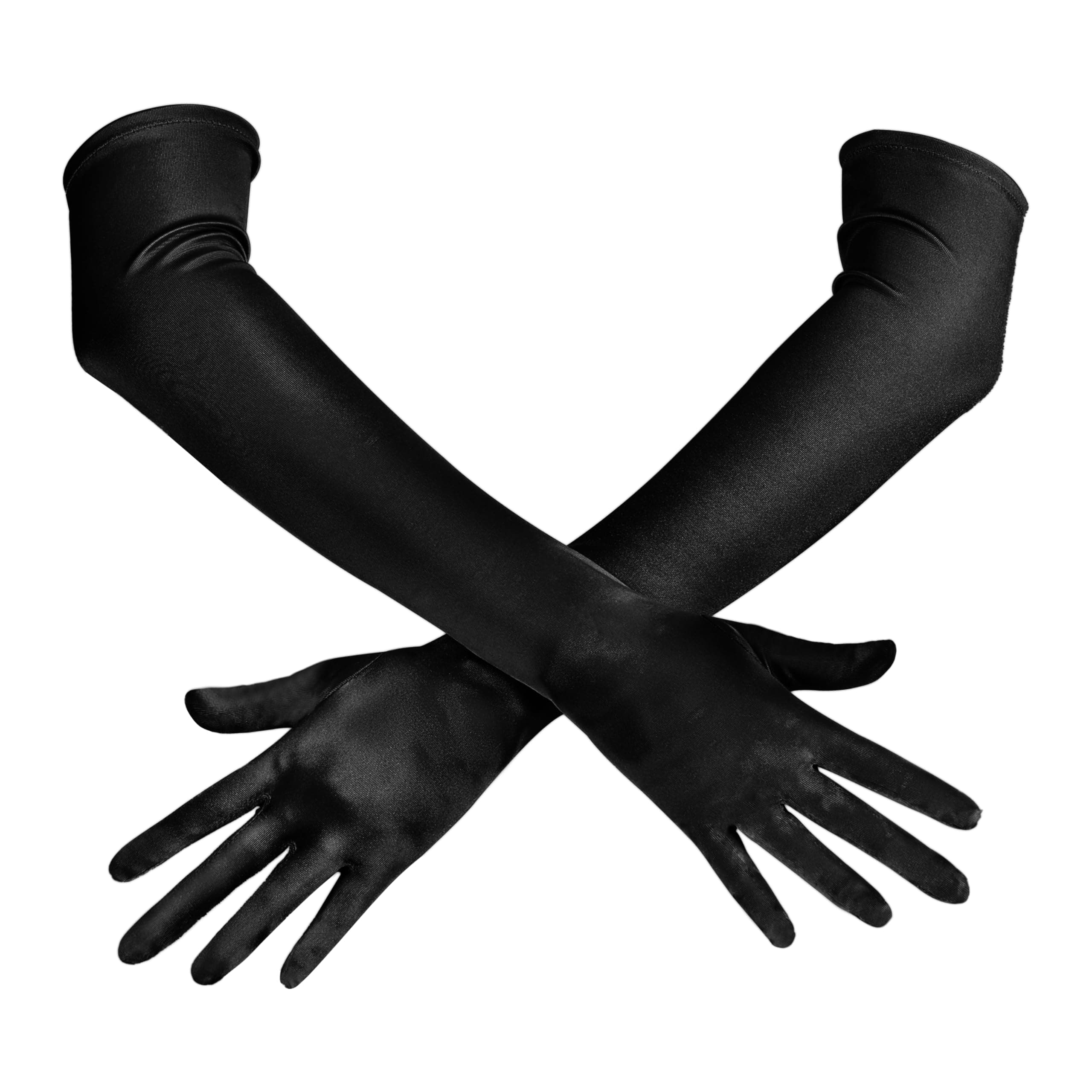 Spooktacular Long Opera Party Gloves Black 20s Satin Dress Gloves for Women, Black Silk Gloves Stretchy Adult Size Elbow Length Gloves for Halloween Party Dress Up, Evening Gown, Wedding, Role Cosplay